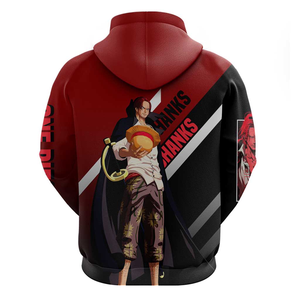 Shanks One Piece Zip Hoodie with Red-Haired Captain Pose and Bold Pirate Design - The Mazicc