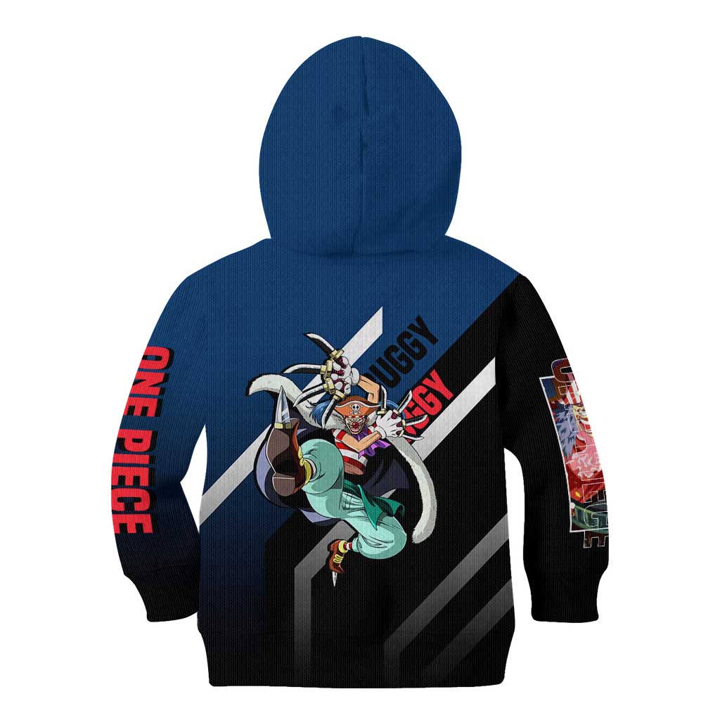 Buggy One Piece Kid Hoodie with Clown Pirate Pose and Colorful Bold Design - The Mazicc