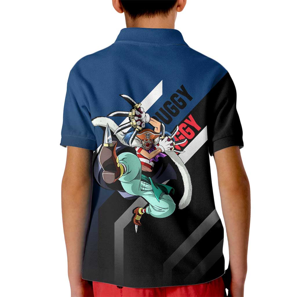 Buggy One Piece Kid Polo Shirt with Clown Pirate Pose and Colorful Bold Design - The Mazicc