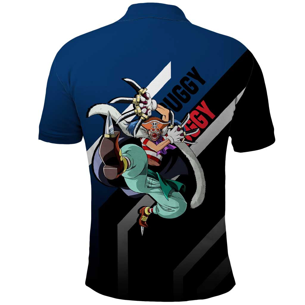 Buggy One Piece Polo Shirt with Clown Pirate Pose and Colorful Bold Design - The Mazicc