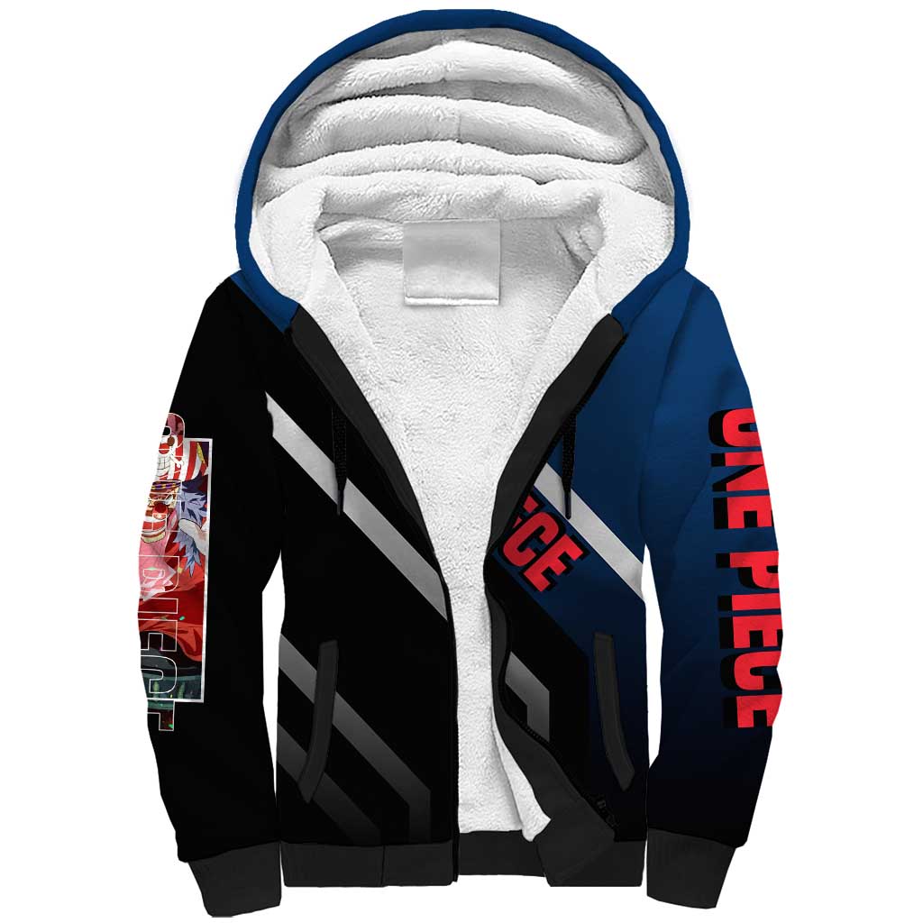 Buggy One Piece Sherpa Hoodie with Clown Pirate Pose and Colorful Bold Design - The Mazicc