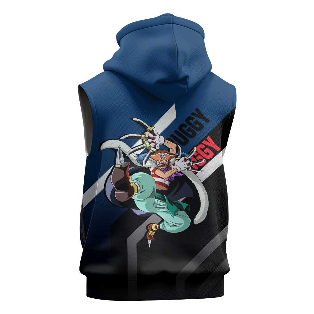 Buggy One Piece Sleeveless Zip Hoodie with Clown Pirate Pose and Colorful Bold Design - The Mazicc