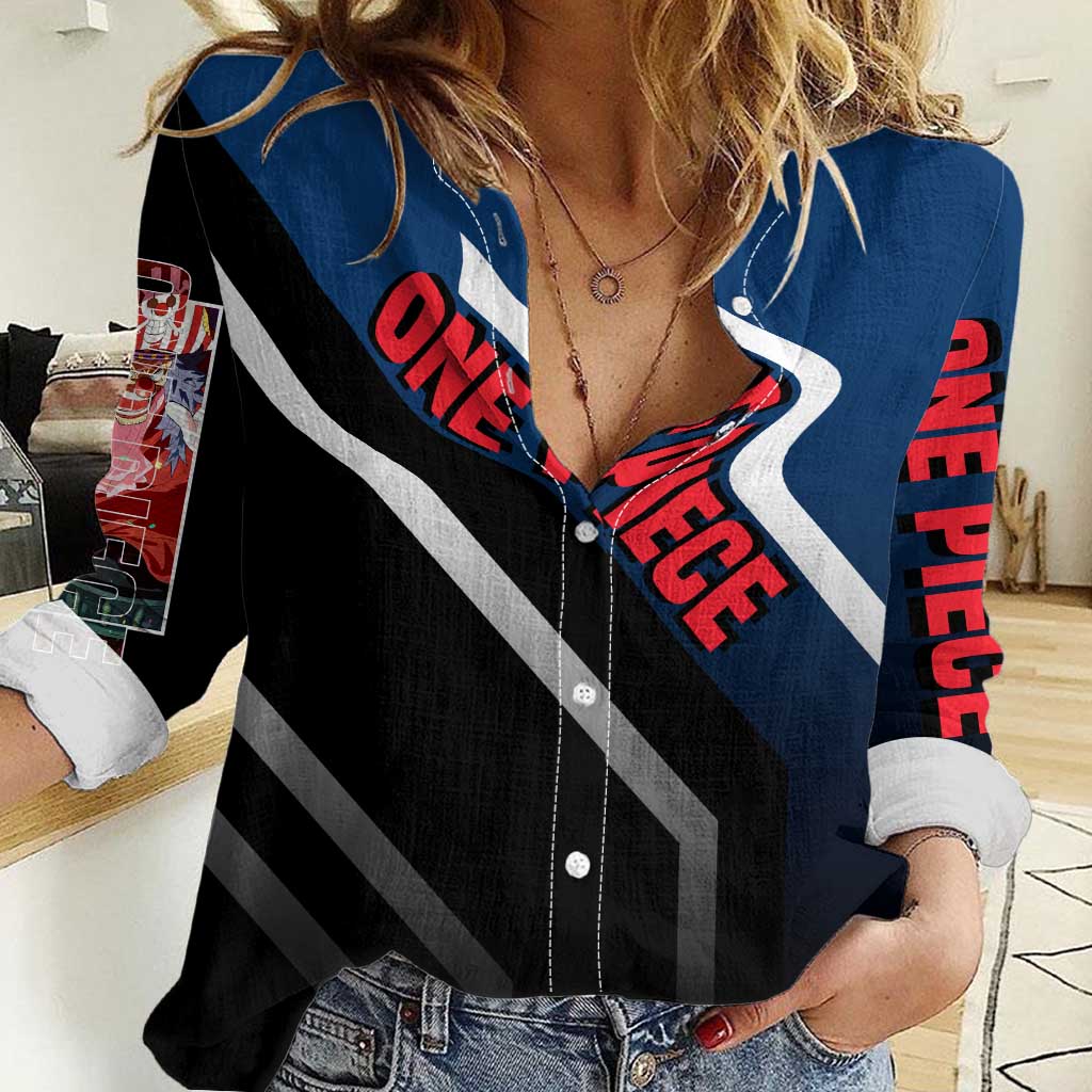 Buggy One Piece Women Casual Shirt with Clown Pirate Pose and Colorful Bold Design - The Mazicc