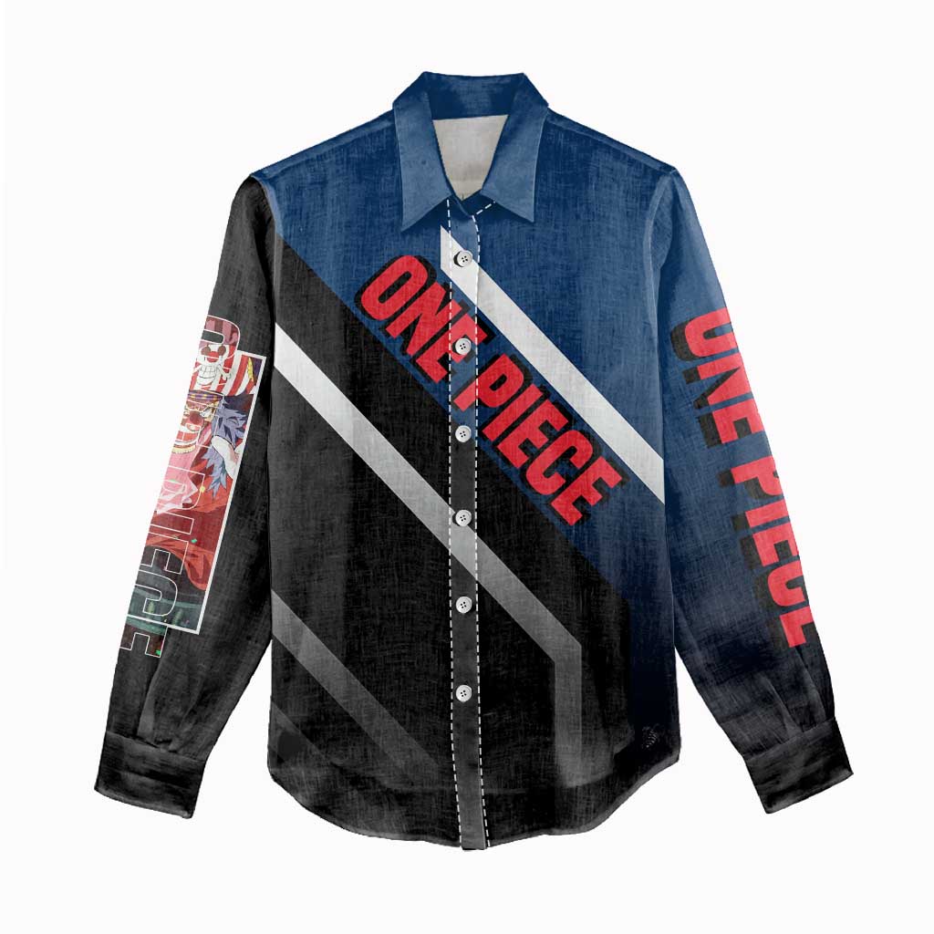 Buggy One Piece Women Casual Shirt with Clown Pirate Pose and Colorful Bold Design - The Mazicc