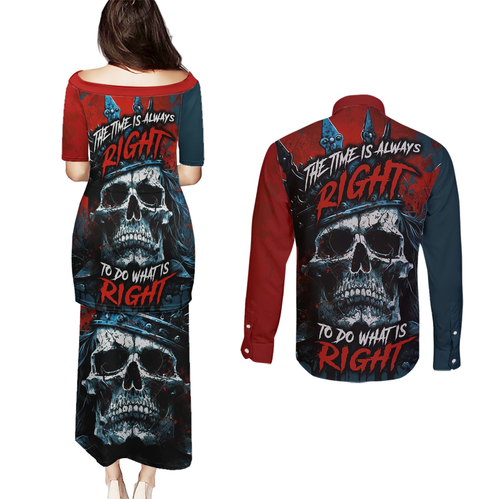 skull-king-couples-matching-puletasi-dress-and-long-sleeve-button-shirts-the-time-is-always-right-to-do-what-is-right