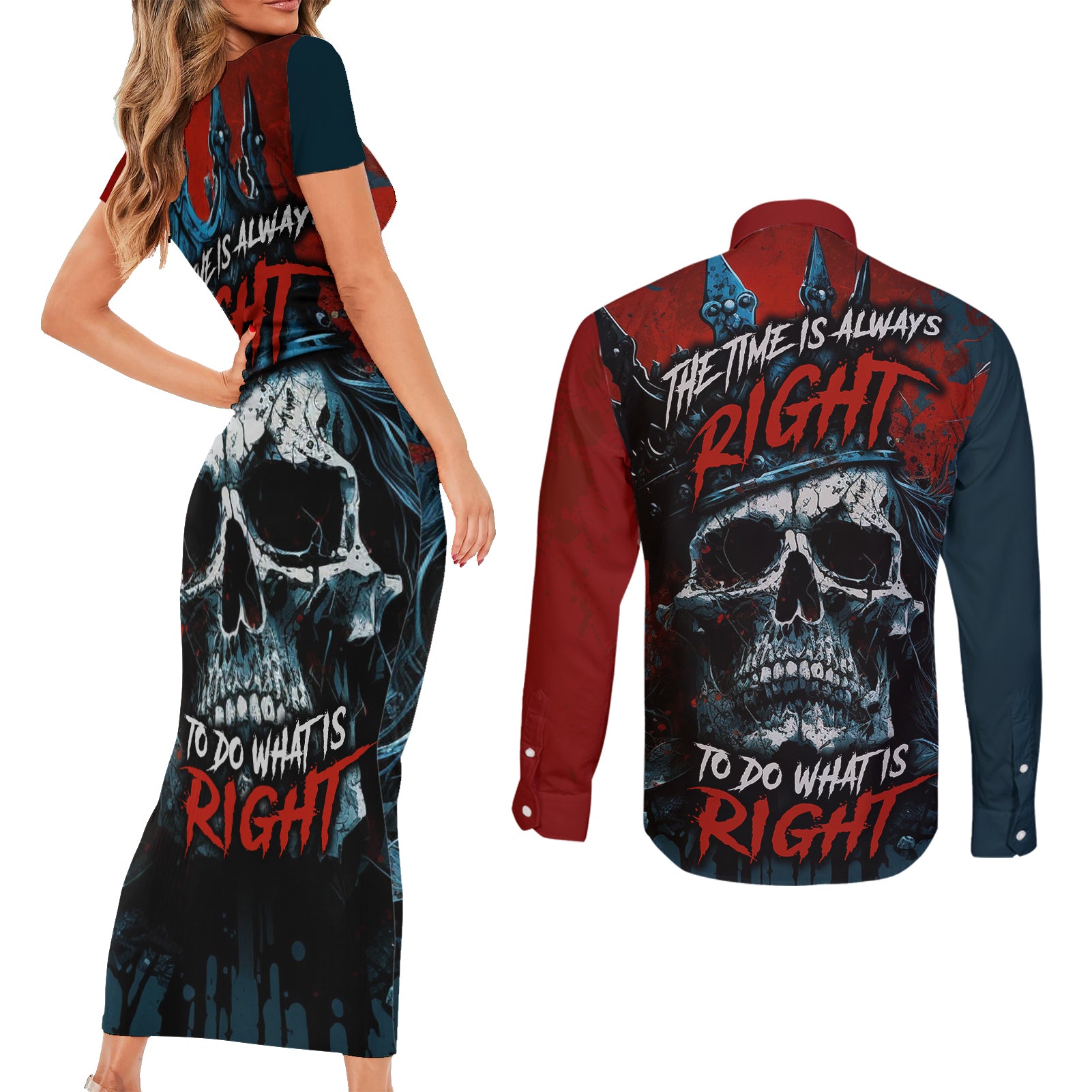 skull-king-couples-matching-short-sleeve-bodycon-dress-and-long-sleeve-button-shirts-the-time-is-always-right-to-do-what-is-right