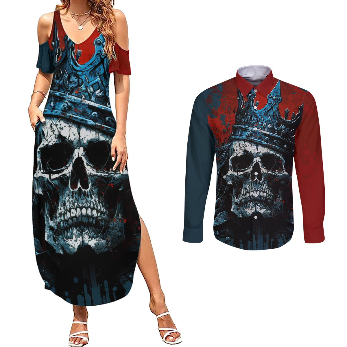 skull-king-couples-matching-summer-maxi-dress-and-long-sleeve-button-shirts-the-time-is-always-right-to-do-what-is-right