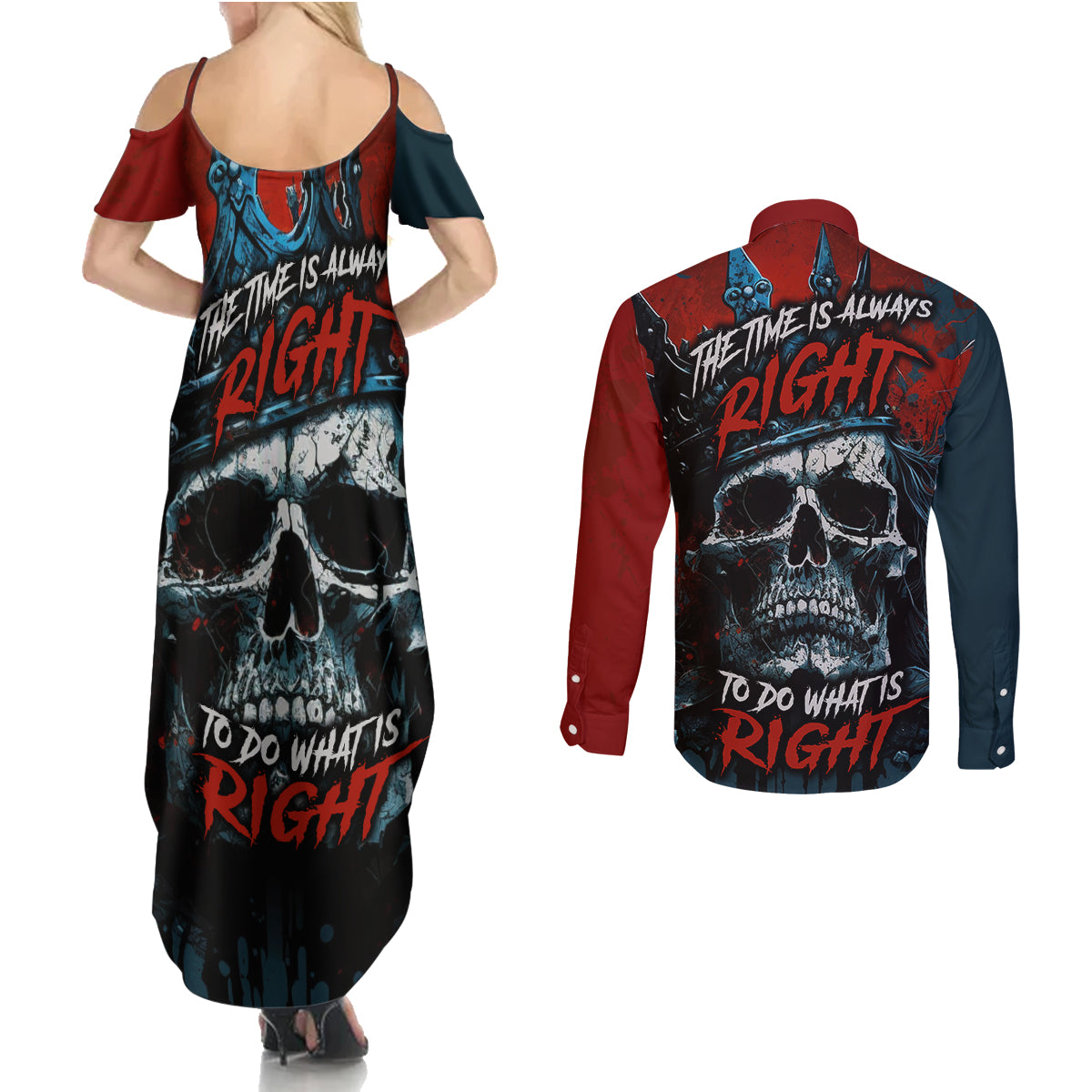 skull-king-couples-matching-summer-maxi-dress-and-long-sleeve-button-shirts-the-time-is-always-right-to-do-what-is-right