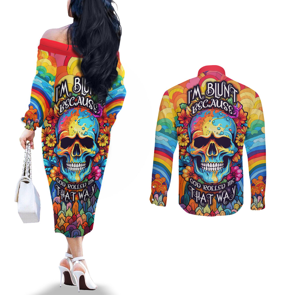 floral-skull-couples-matching-off-the-shoulder-long-sleeve-dress-and-long-sleeve-button-shirts-im-blunt-because-god-rolled-me-that-way