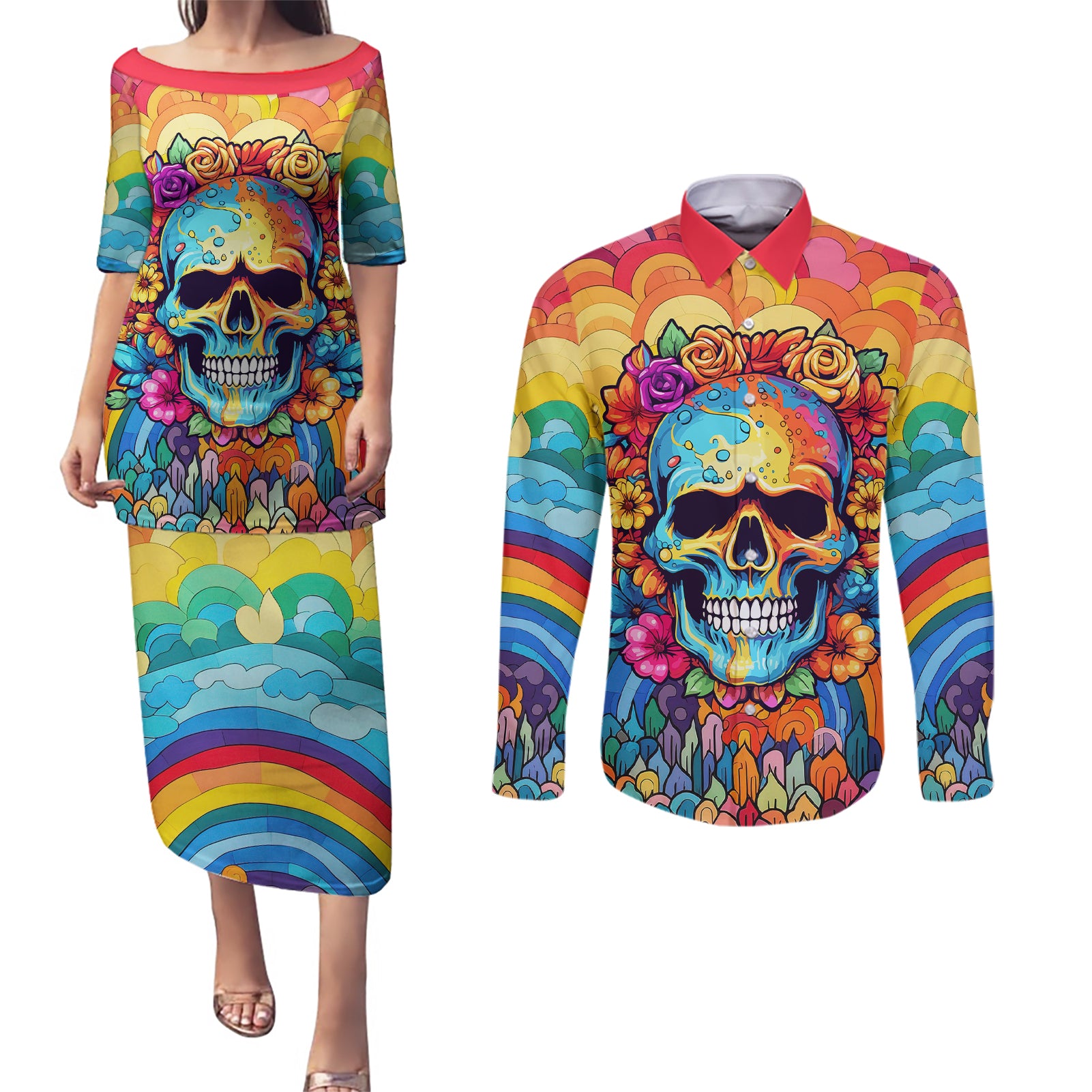 floral-skull-couples-matching-puletasi-dress-and-long-sleeve-button-shirts-im-blunt-because-god-rolled-me-that-way