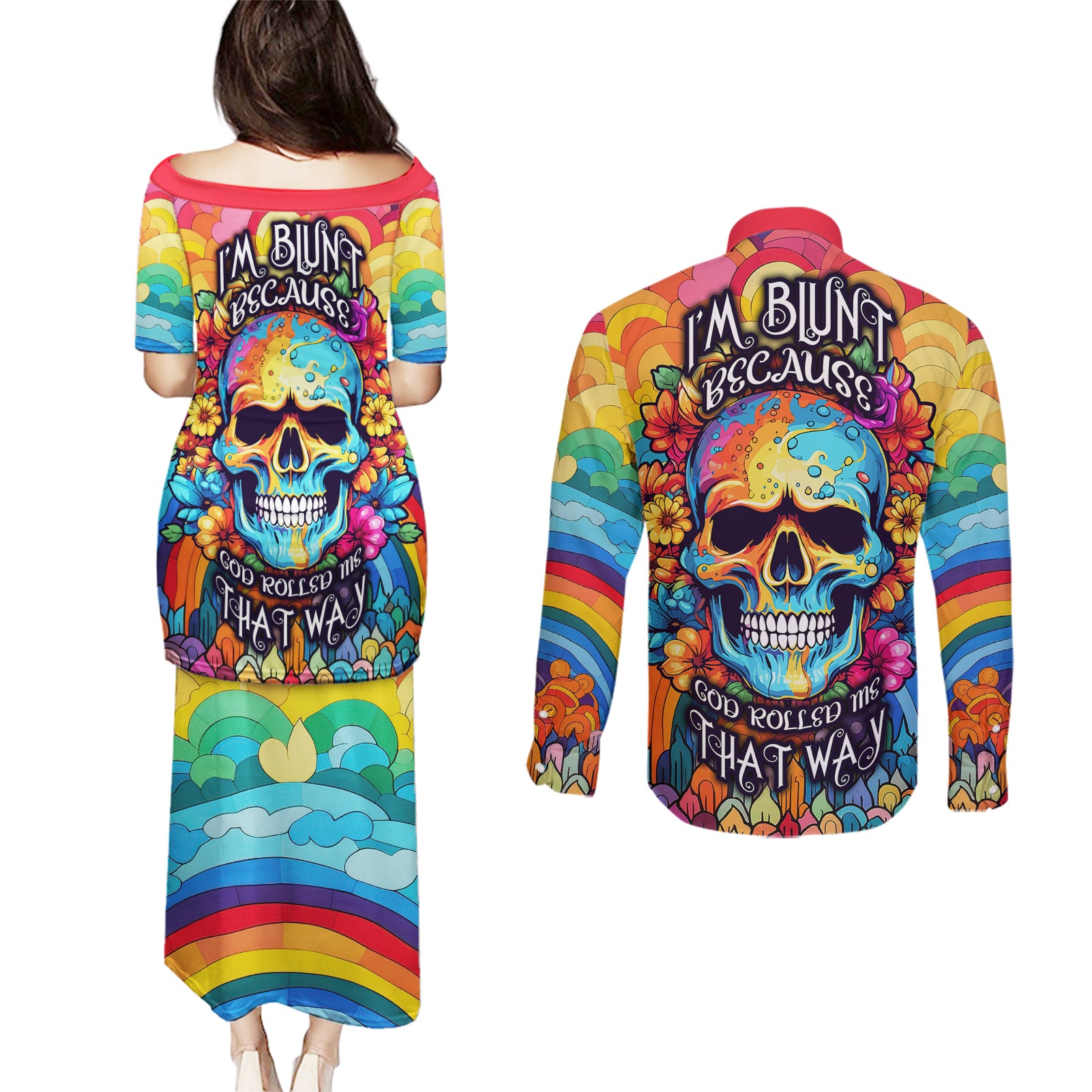 floral-skull-couples-matching-puletasi-dress-and-long-sleeve-button-shirts-im-blunt-because-god-rolled-me-that-way