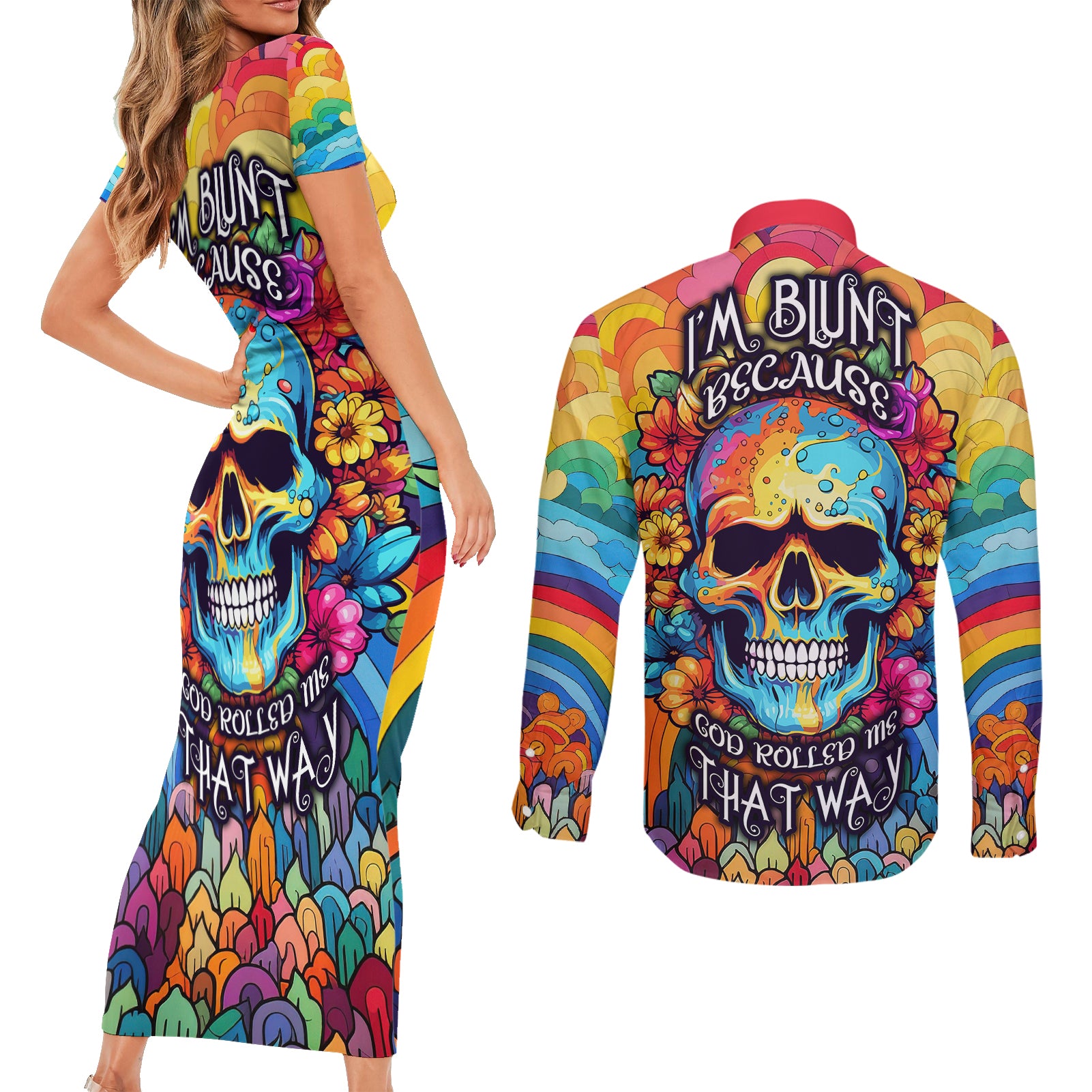 floral-skull-couples-matching-short-sleeve-bodycon-dress-and-long-sleeve-button-shirts-im-blunt-because-god-rolled-me-that-way
