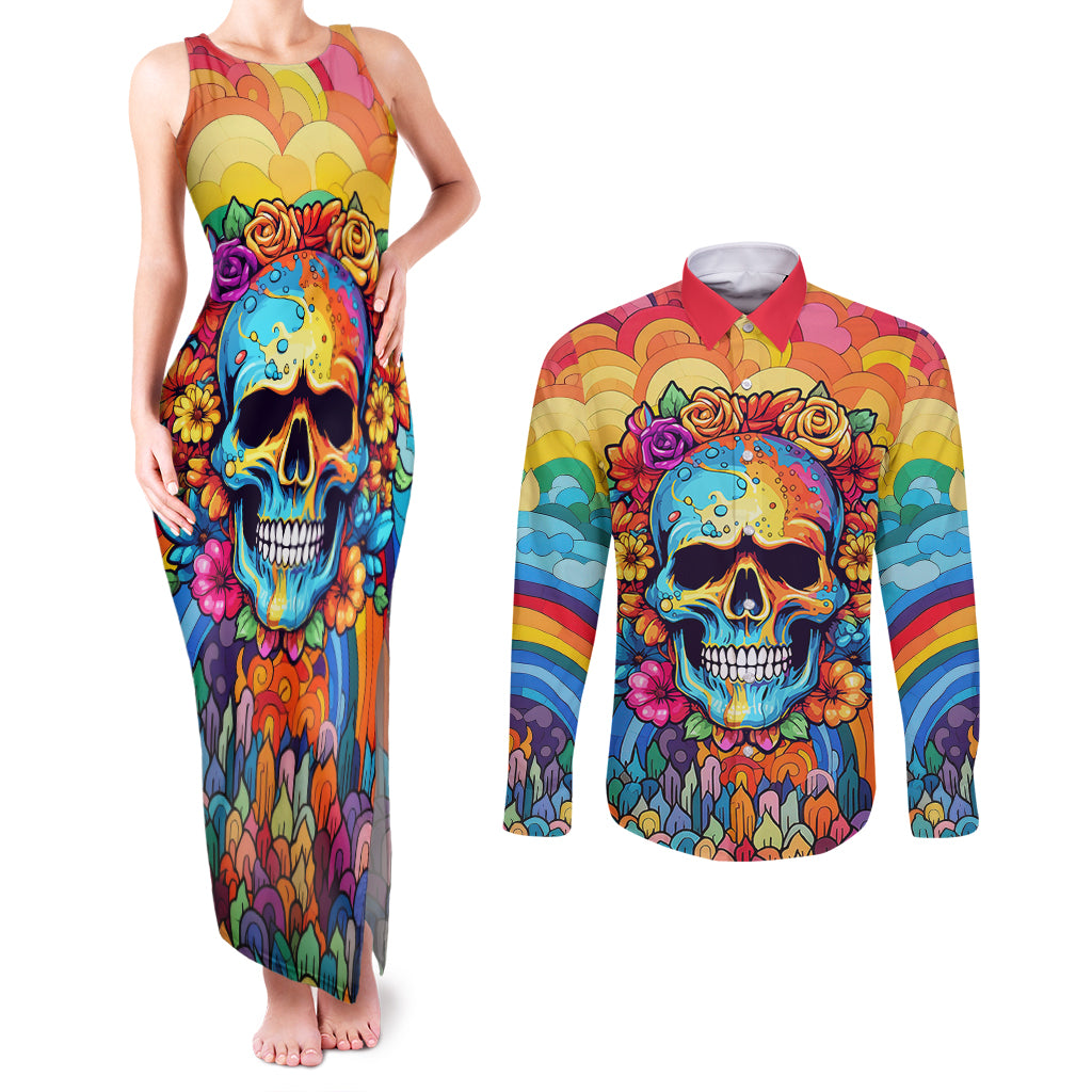 floral-skull-couples-matching-tank-maxi-dress-and-long-sleeve-button-shirts-im-blunt-because-god-rolled-me-that-way