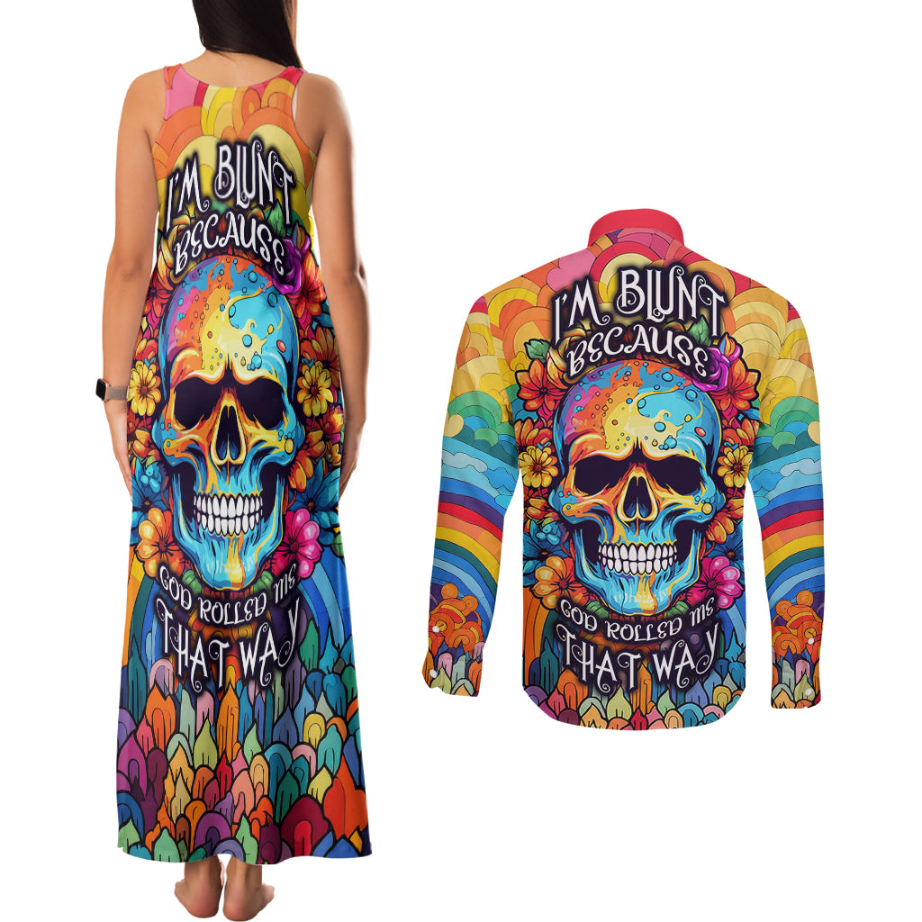 floral-skull-couples-matching-tank-maxi-dress-and-long-sleeve-button-shirts-im-blunt-because-god-rolled-me-that-way