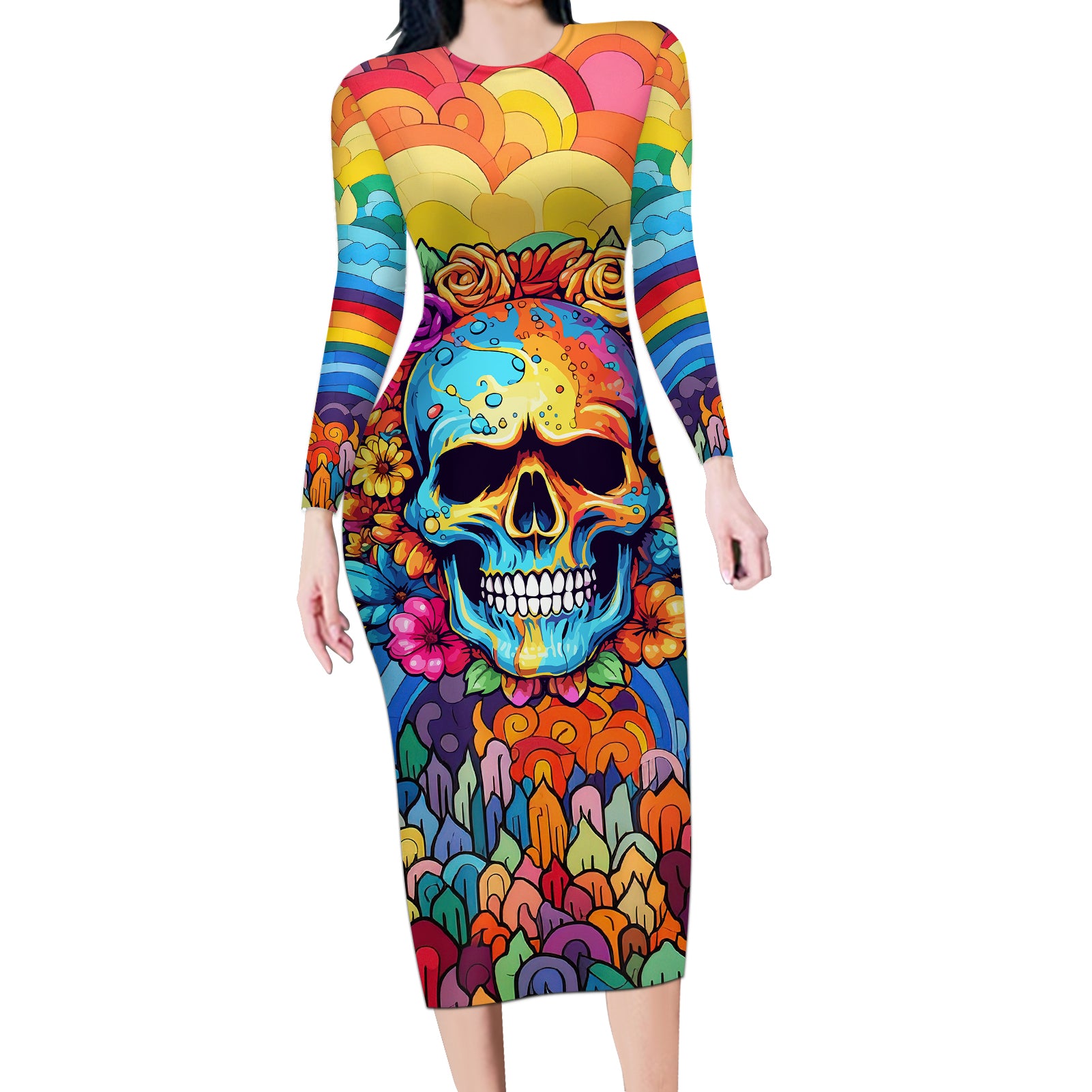 floral-skull-long-sleeve-bodycon-dress-im-blunt-because-god-rolled-me-that-way
