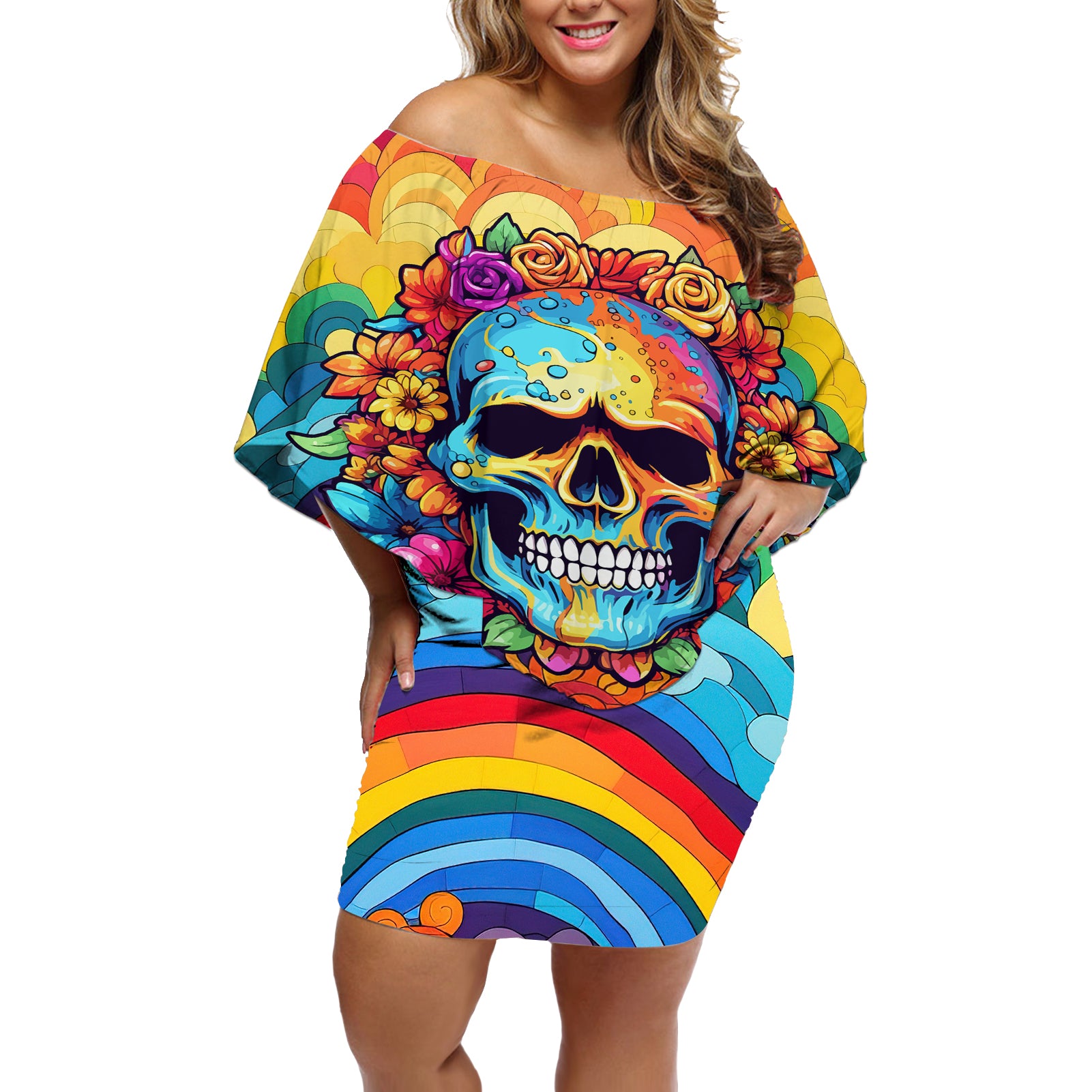 floral-skull-off-shoulder-short-dress-im-blunt-because-god-rolled-me-that-way