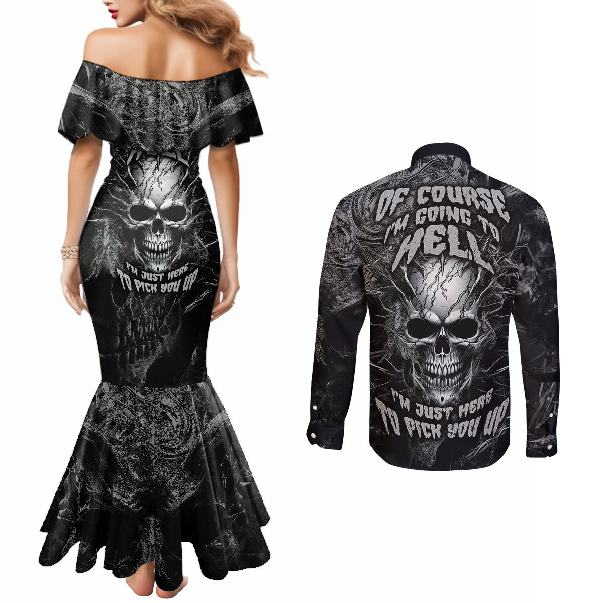 horror-skull-couples-matching-mermaid-dress-and-long-sleeve-button-shirts-of-course-im-going-to-hell-im-just-here-to-pick-you-up