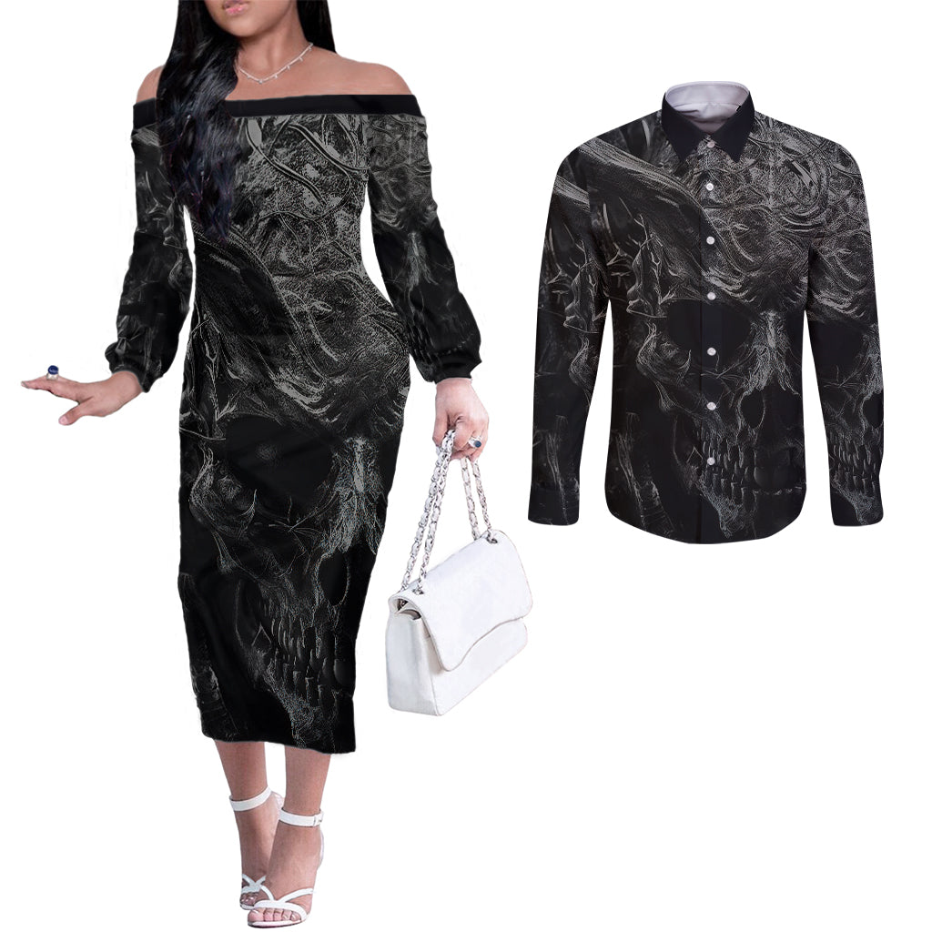 horror-skull-couples-matching-off-the-shoulder-long-sleeve-dress-and-long-sleeve-button-shirts-of-course-im-going-to-hell-im-just-here-to-pick-you-up