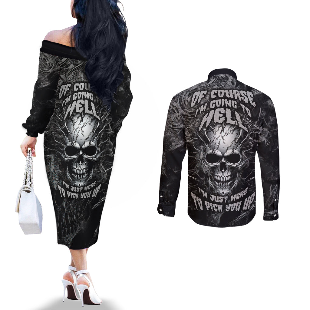 horror-skull-couples-matching-off-the-shoulder-long-sleeve-dress-and-long-sleeve-button-shirts-of-course-im-going-to-hell-im-just-here-to-pick-you-up