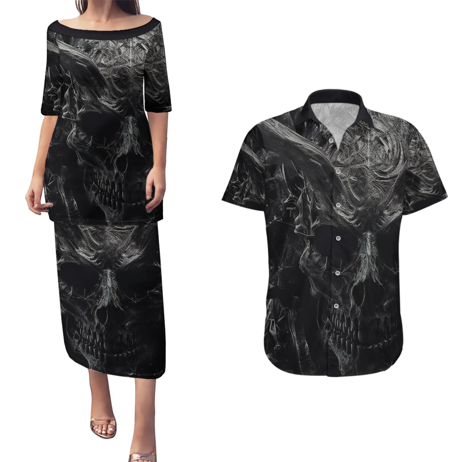 horror-skull-couples-matching-puletasi-dress-and-hawaiian-shirt-of-course-im-going-to-hell-im-just-here-to-pick-you-up