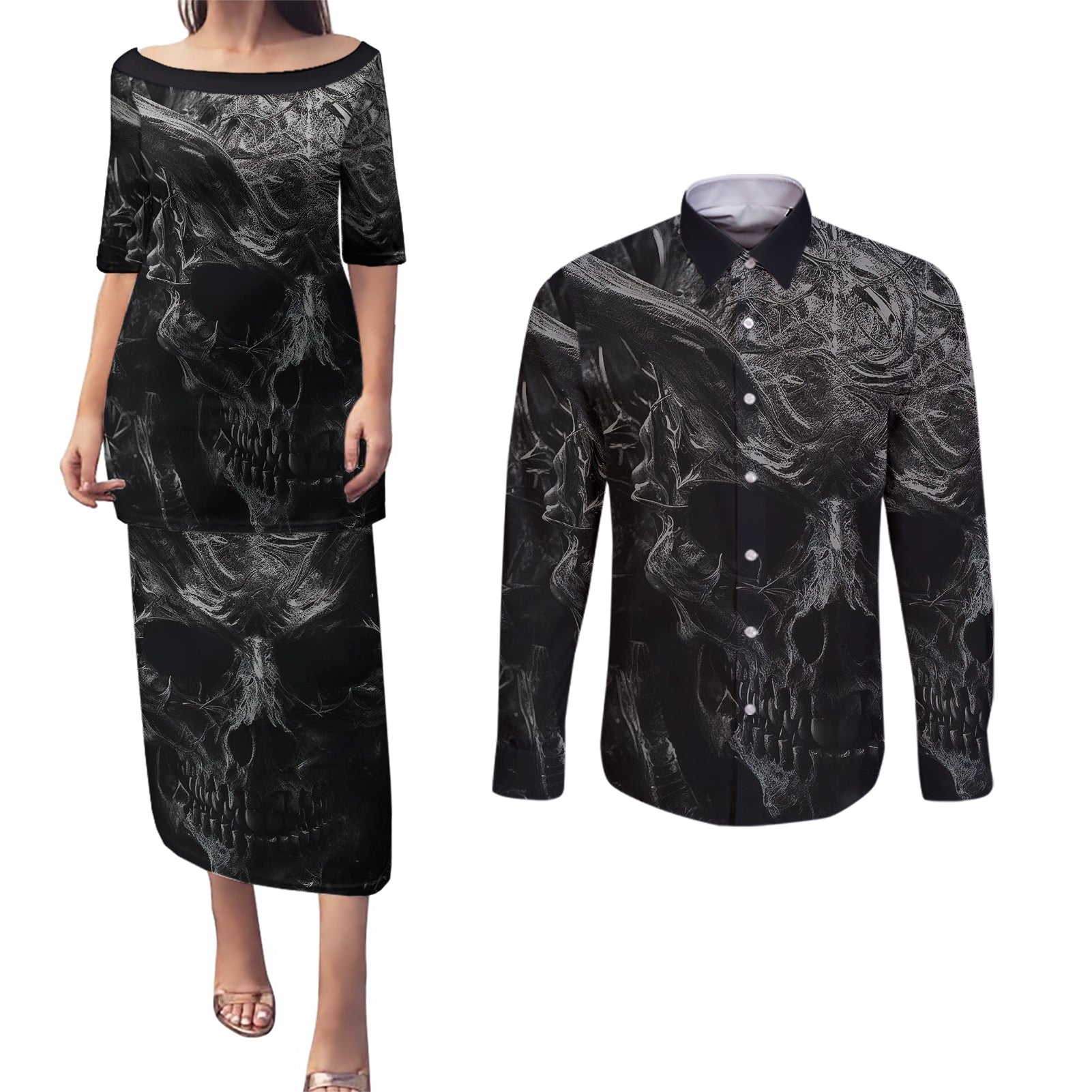 horror-skull-couples-matching-puletasi-dress-and-long-sleeve-button-shirts-of-course-im-going-to-hell-im-just-here-to-pick-you-up
