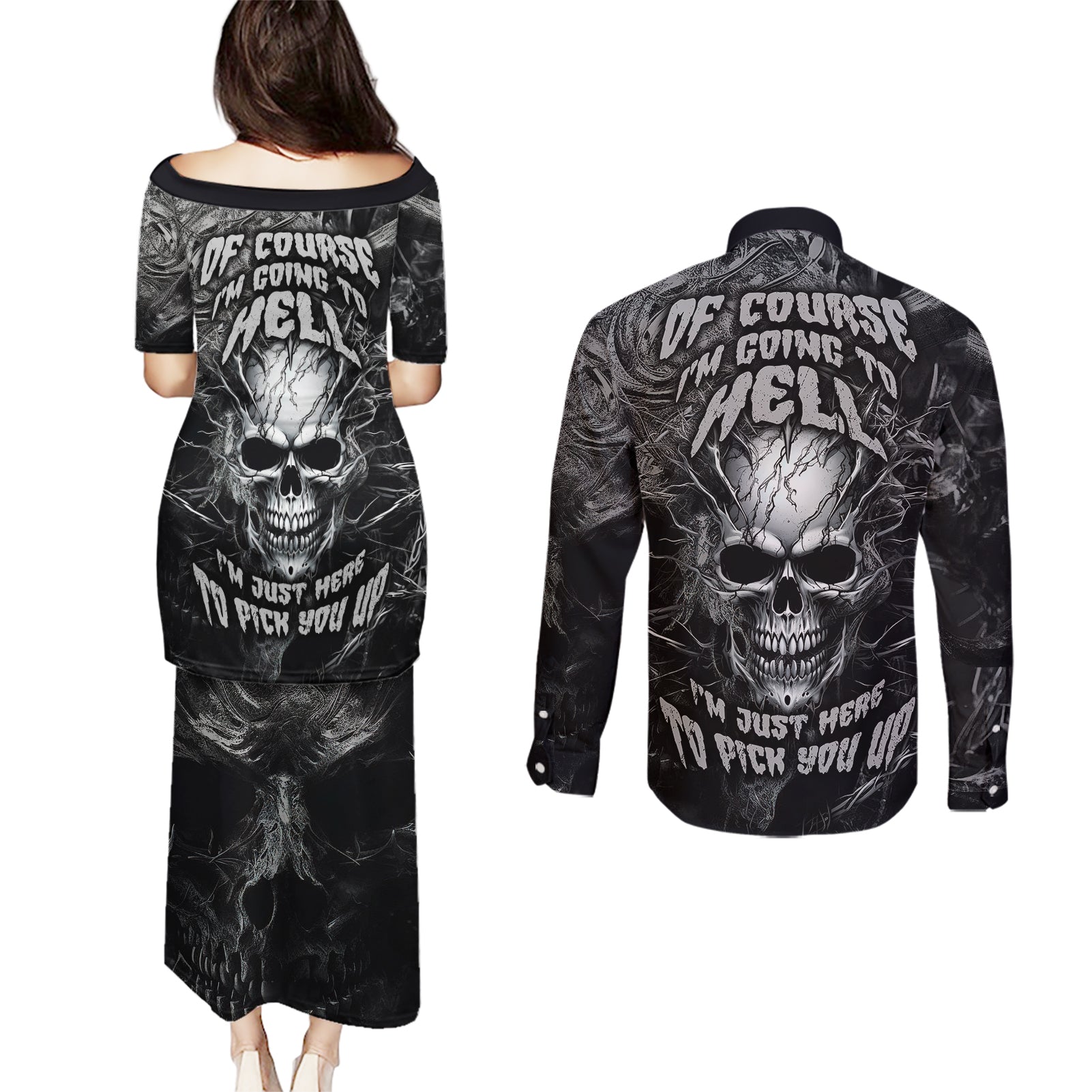horror-skull-couples-matching-puletasi-dress-and-long-sleeve-button-shirts-of-course-im-going-to-hell-im-just-here-to-pick-you-up