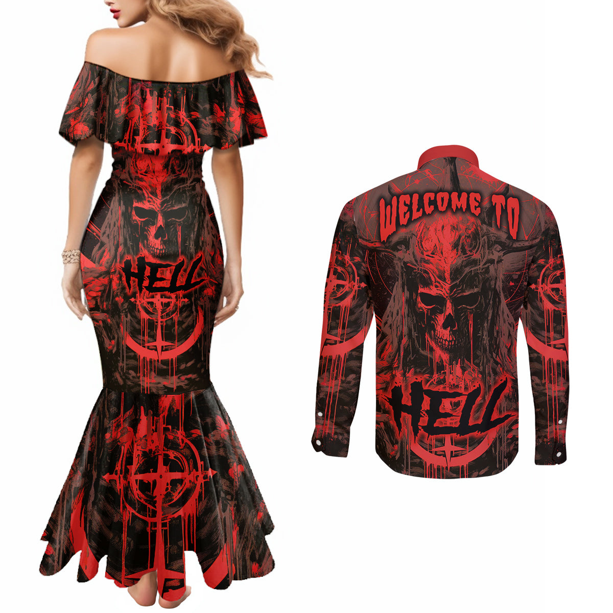 demon-skull-couples-matching-mermaid-dress-and-long-sleeve-button-shirts-welcome-to-hell