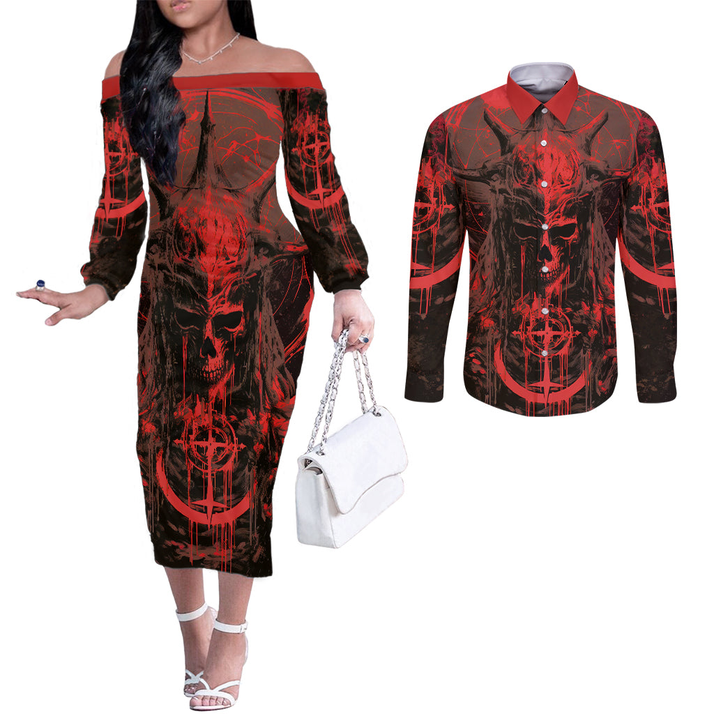 demon-skull-couples-matching-off-the-shoulder-long-sleeve-dress-and-long-sleeve-button-shirts-welcome-to-hell