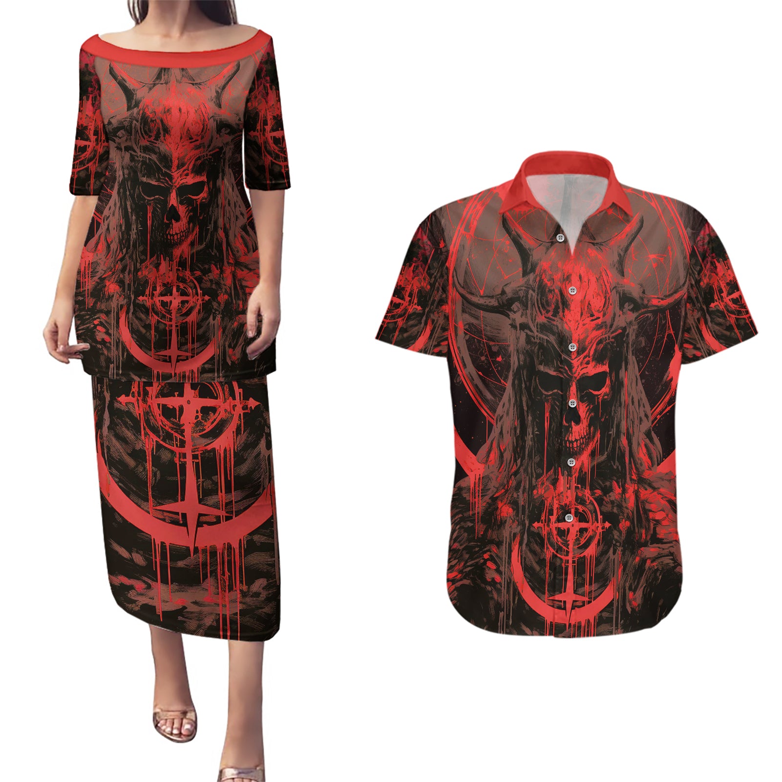 demon-skull-couples-matching-puletasi-dress-and-hawaiian-shirt-welcome-to-hell