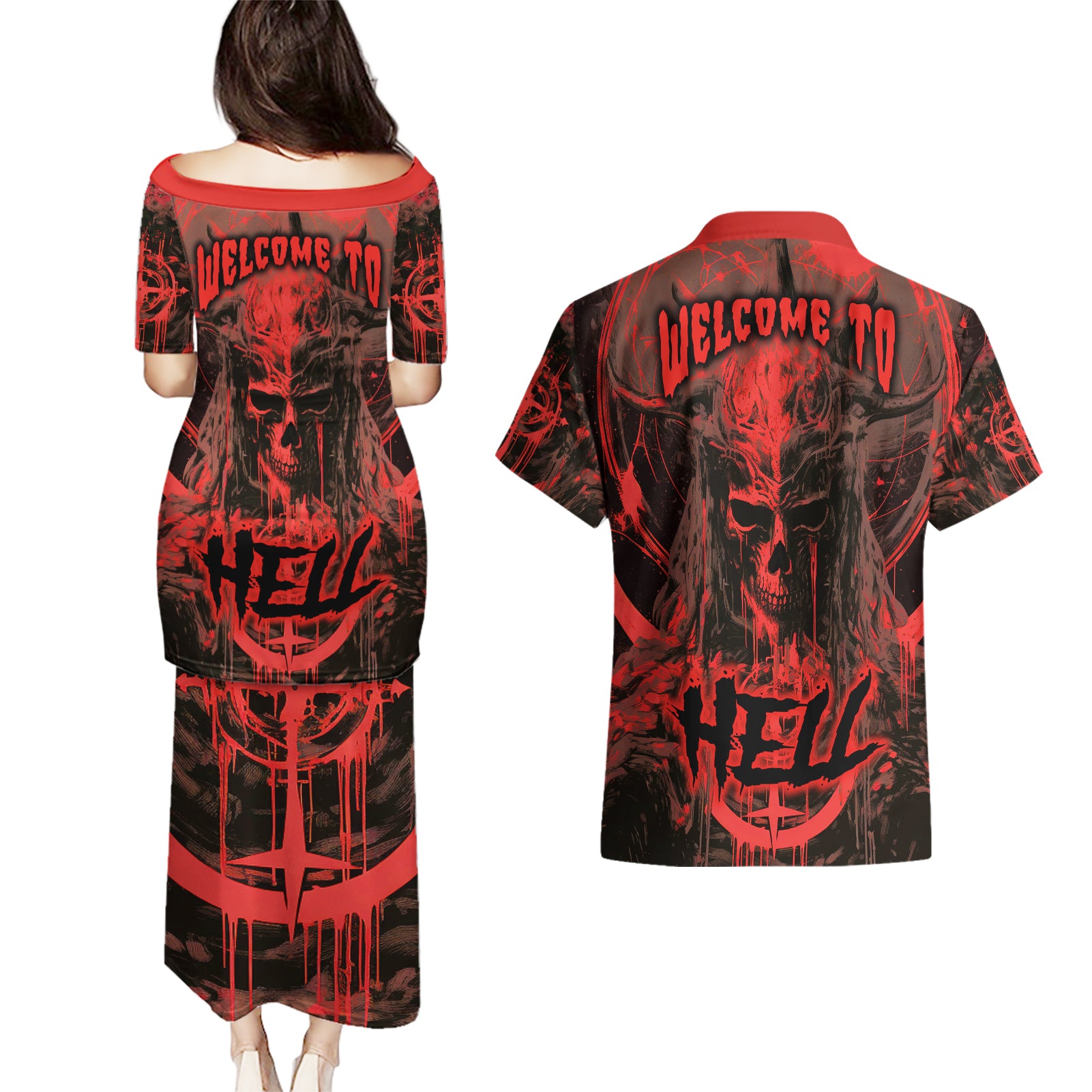 demon-skull-couples-matching-puletasi-dress-and-hawaiian-shirt-welcome-to-hell