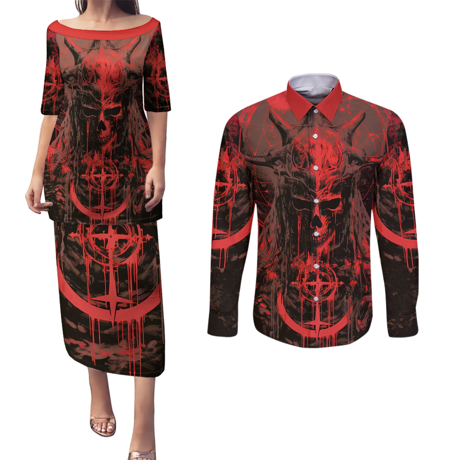 demon-skull-couples-matching-puletasi-dress-and-long-sleeve-button-shirts-welcome-to-hell