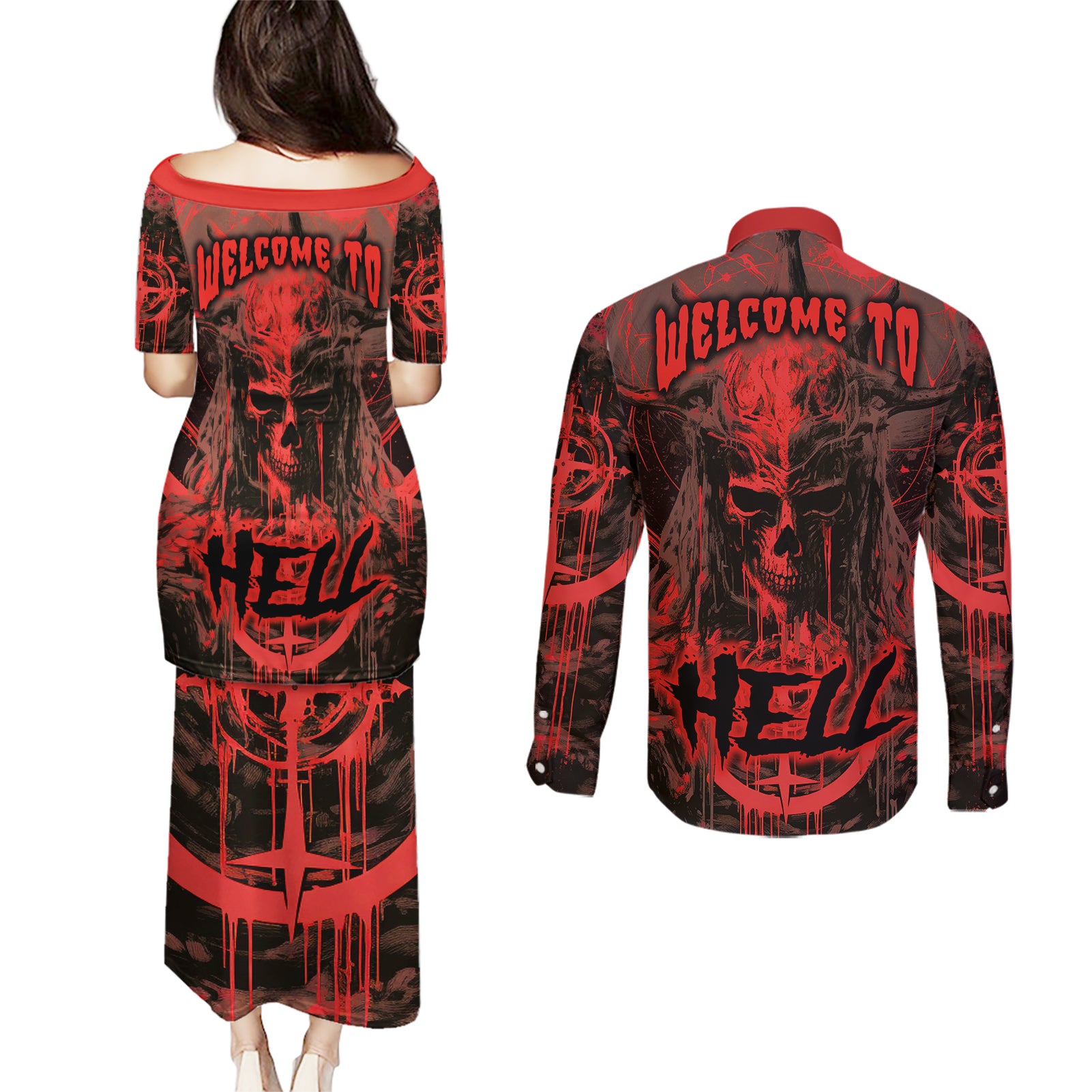 demon-skull-couples-matching-puletasi-dress-and-long-sleeve-button-shirts-welcome-to-hell