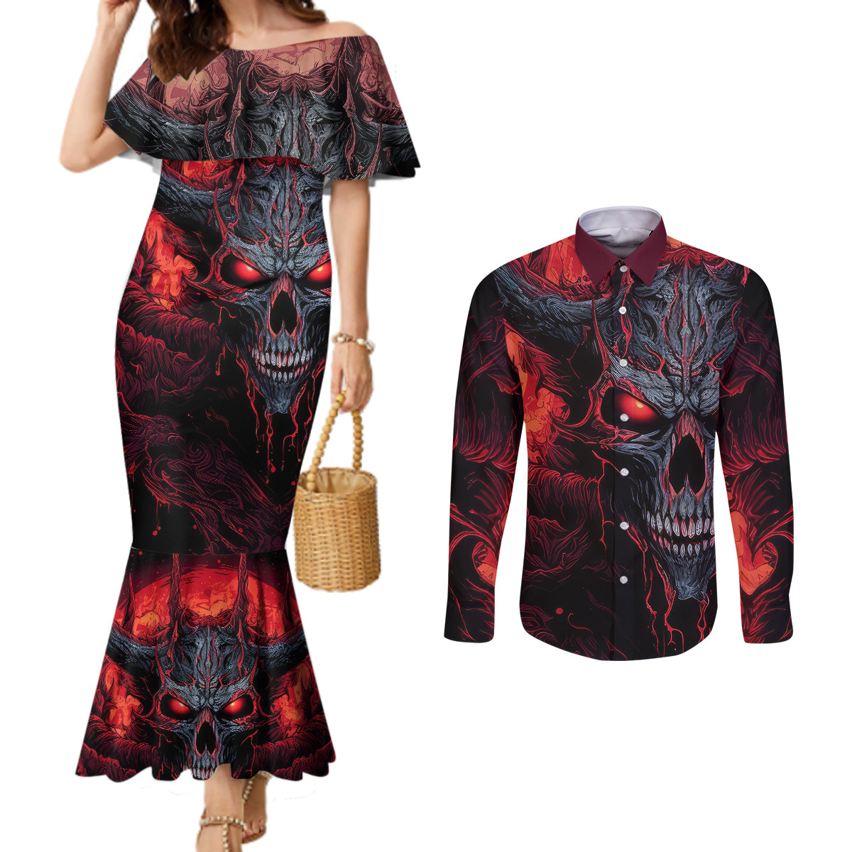 demon-skull-couples-matching-mermaid-dress-and-long-sleeve-button-shirts-you-better-pray-i-dont-get-up