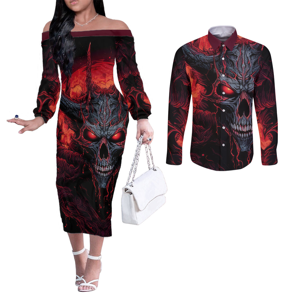 demon-skull-couples-matching-off-the-shoulder-long-sleeve-dress-and-long-sleeve-button-shirts-you-better-pray-i-dont-get-up