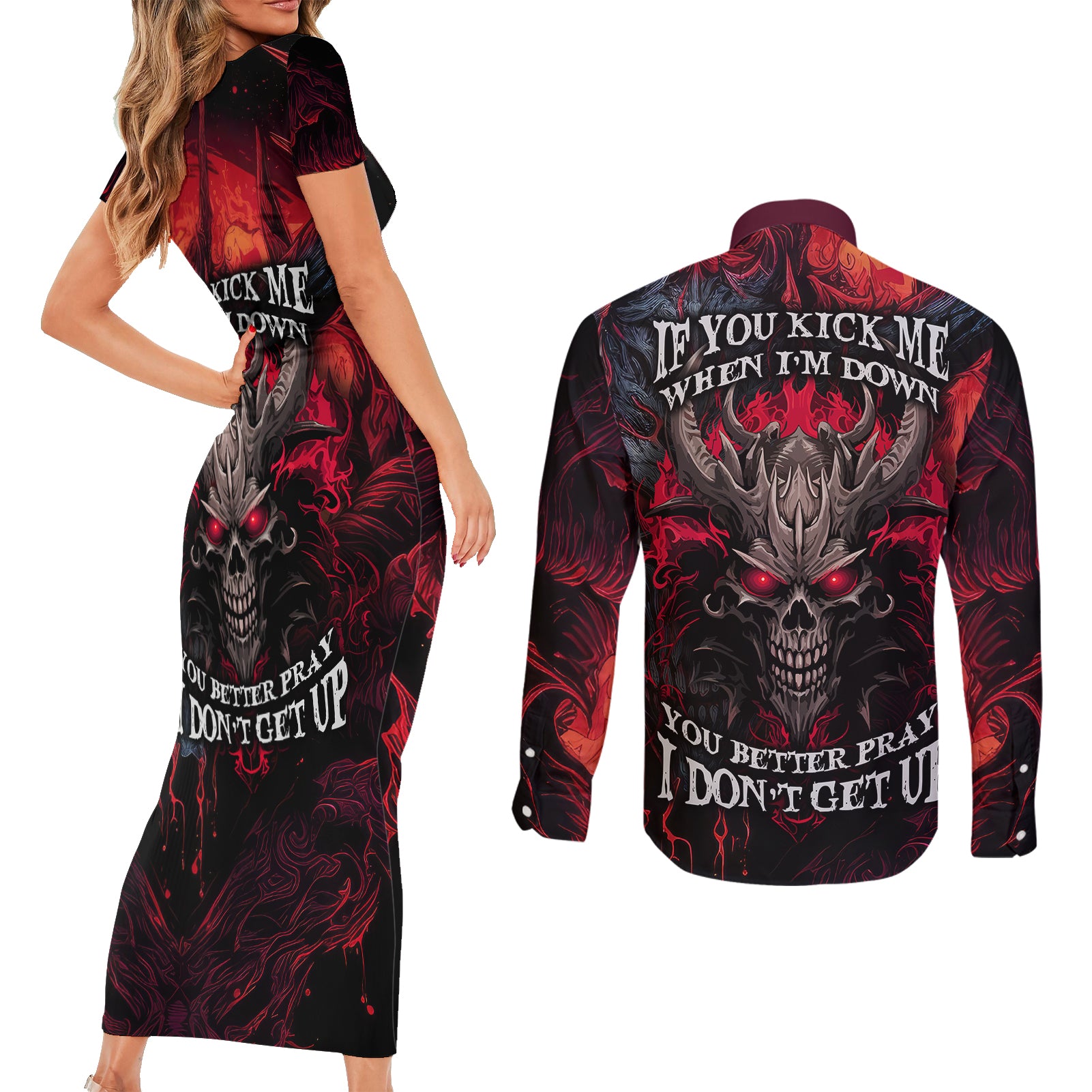 demon-skull-couples-matching-short-sleeve-bodycon-dress-and-long-sleeve-button-shirts-you-better-pray-i-dont-get-up