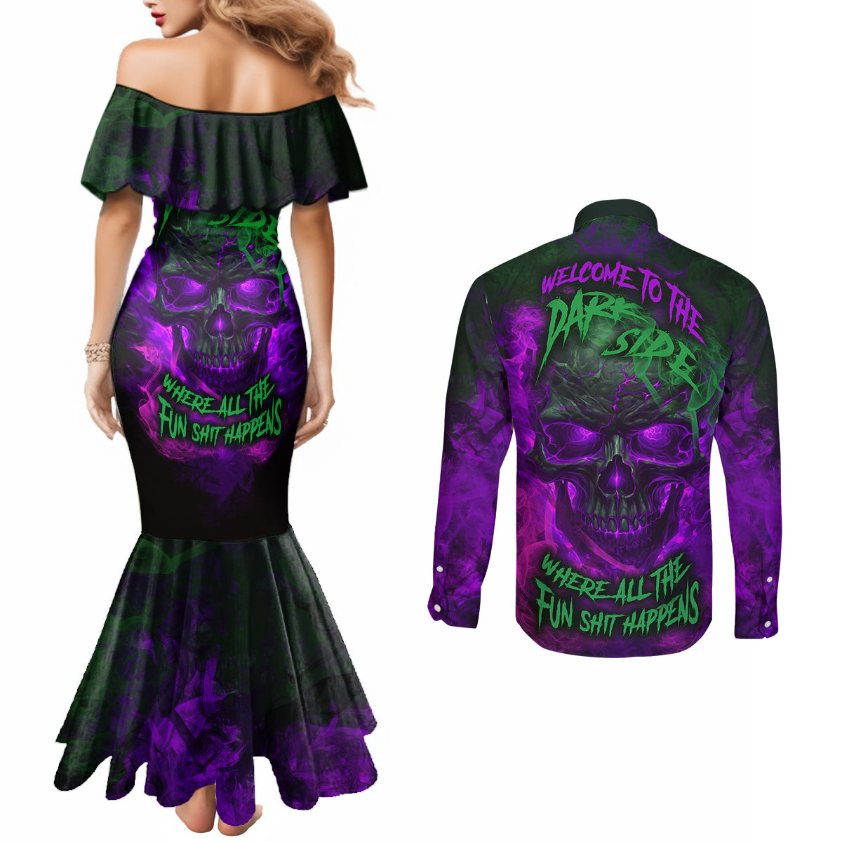 horor-skull-couples-matching-mermaid-dress-and-long-sleeve-button-shirts-welcome-to-the-dark-side