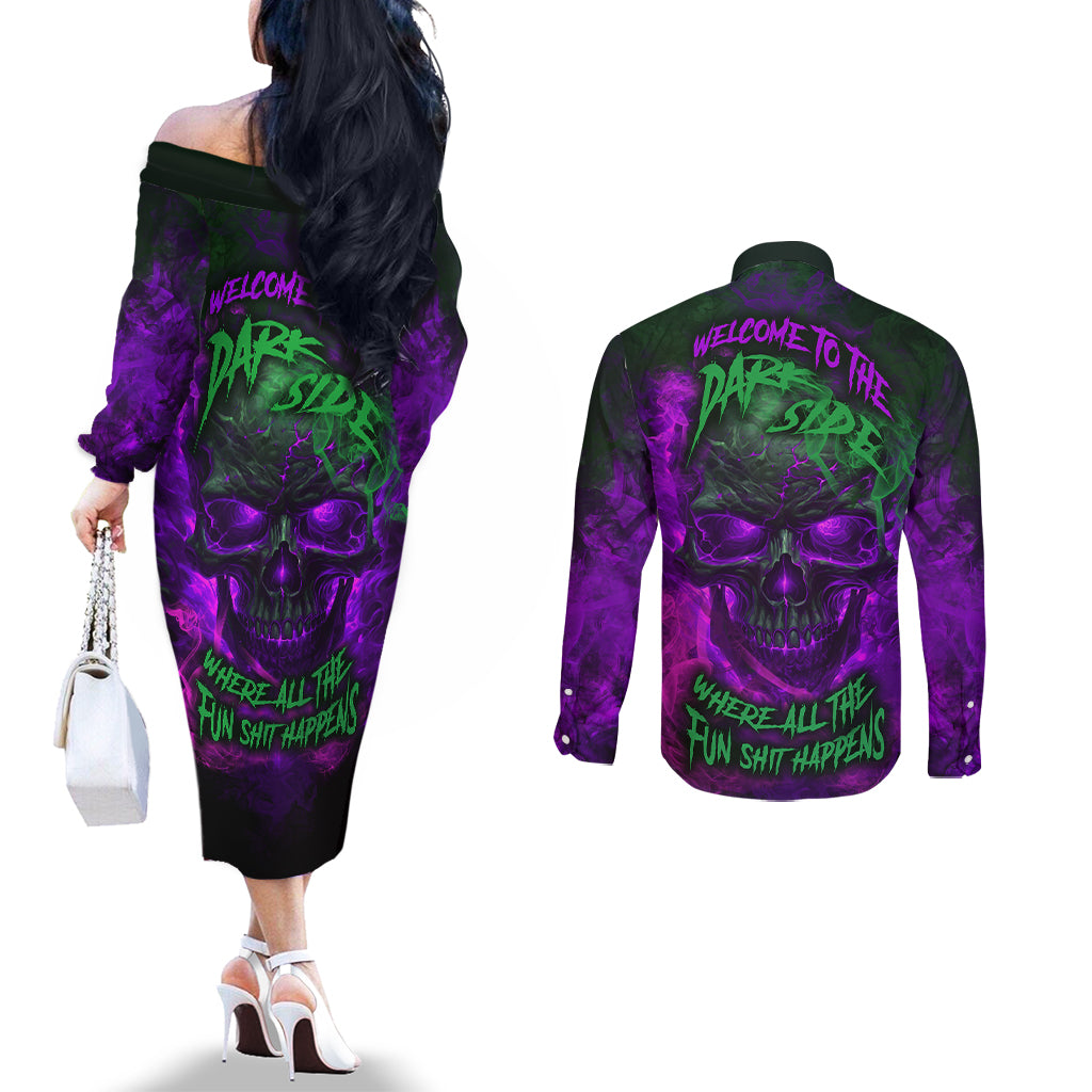 horor-skull-couples-matching-off-the-shoulder-long-sleeve-dress-and-long-sleeve-button-shirts-welcome-to-the-dark-side