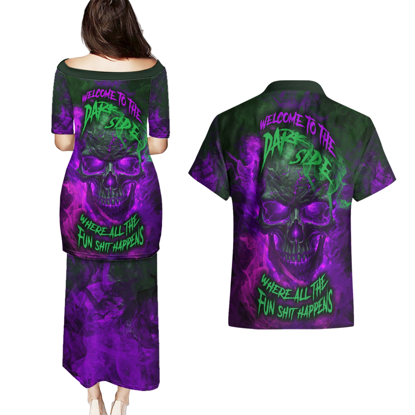 horor-skull-couples-matching-puletasi-dress-and-hawaiian-shirt-welcome-to-the-dark-side