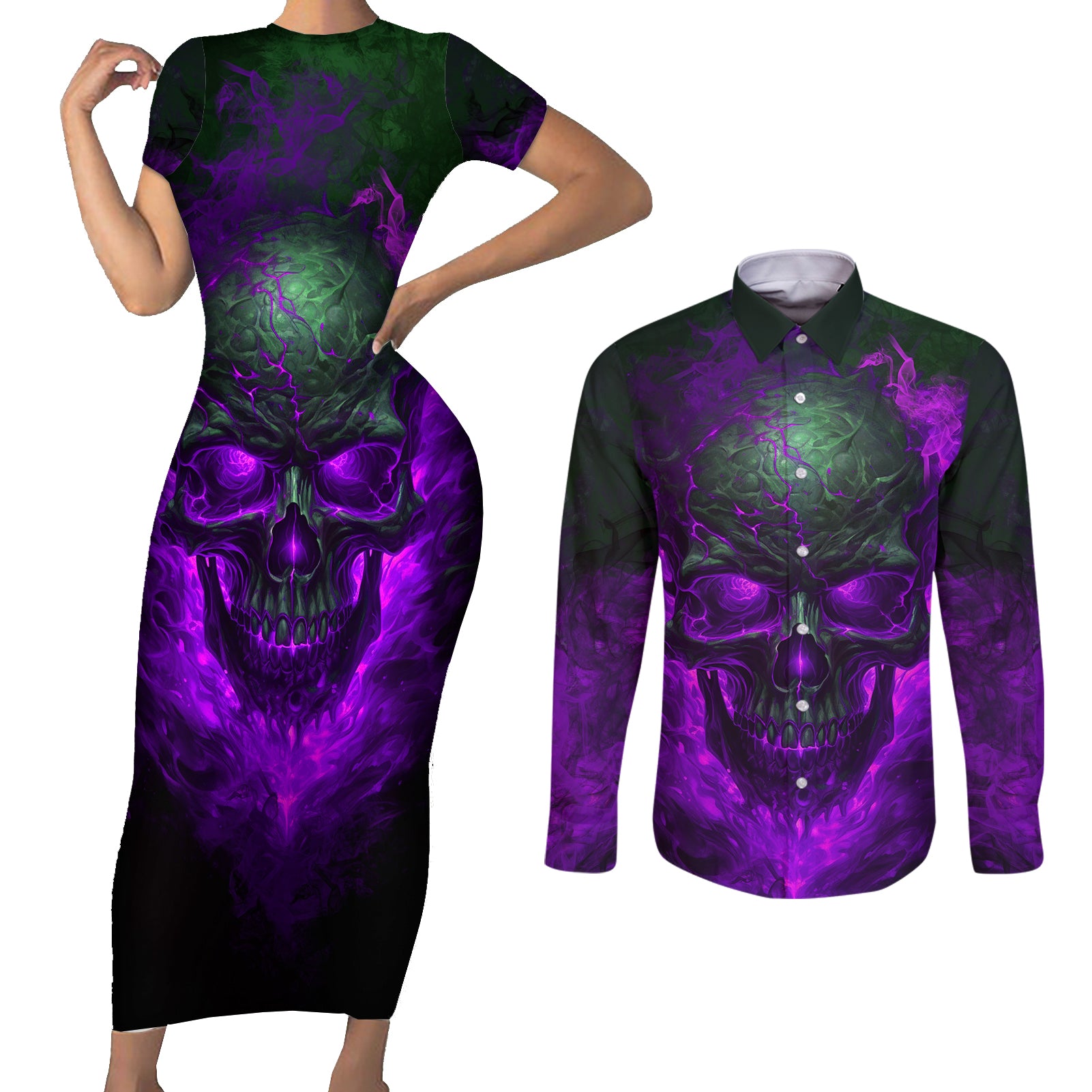 horor-skull-couples-matching-short-sleeve-bodycon-dress-and-long-sleeve-button-shirts-welcome-to-the-dark-side