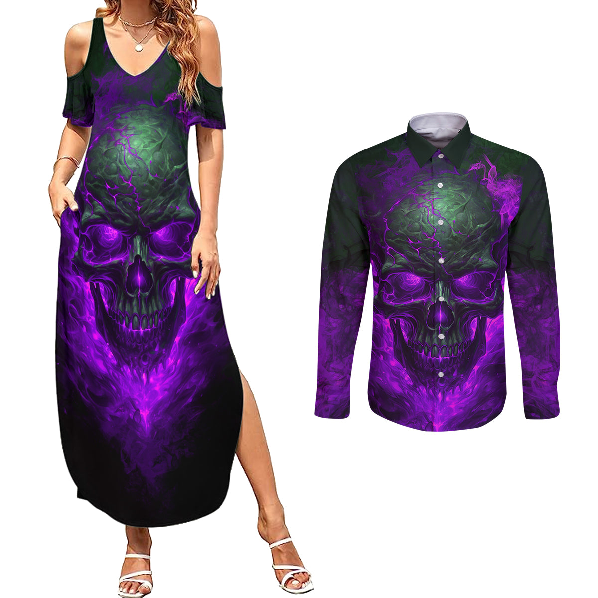 horor-skull-couples-matching-summer-maxi-dress-and-long-sleeve-button-shirts-welcome-to-the-dark-side