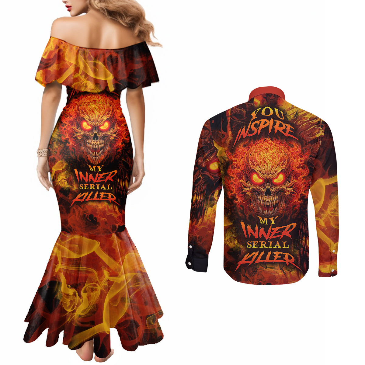 fire-skull-couples-matching-mermaid-dress-and-long-sleeve-button-shirts-you-inspire-my-inner-serial-killed