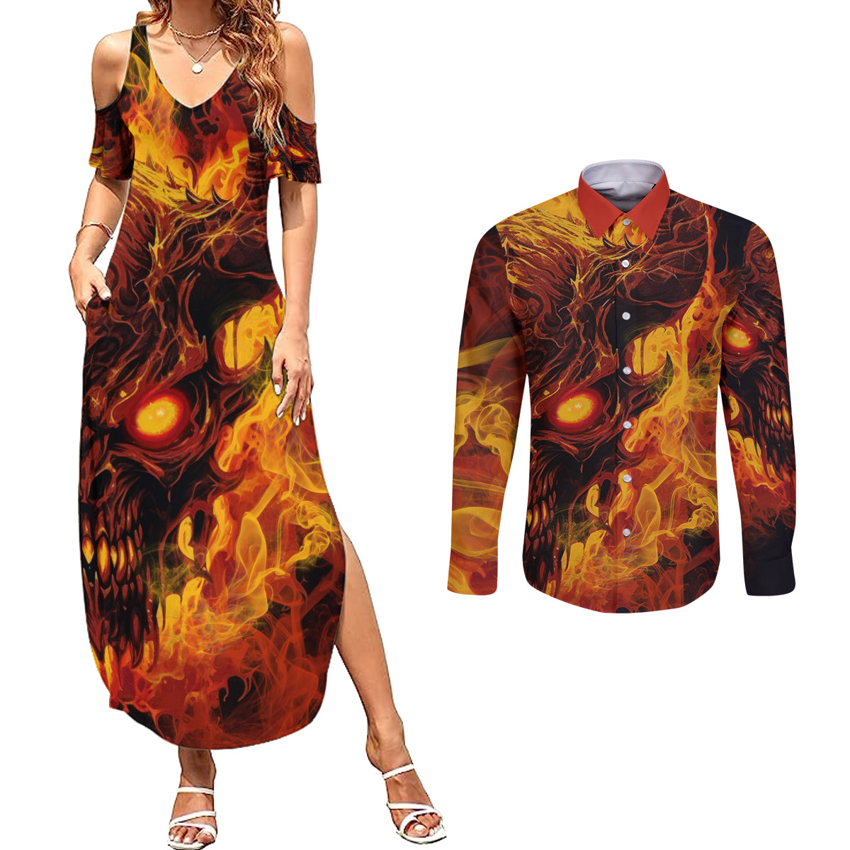 fire-skull-couples-matching-summer-maxi-dress-and-long-sleeve-button-shirts-you-inspire-my-inner-serial-killed