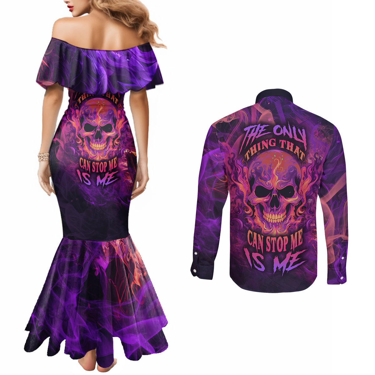 fire-skull-couples-matching-mermaid-dress-and-long-sleeve-button-shirts-the-only-thing-that-can-stop-me-is-me