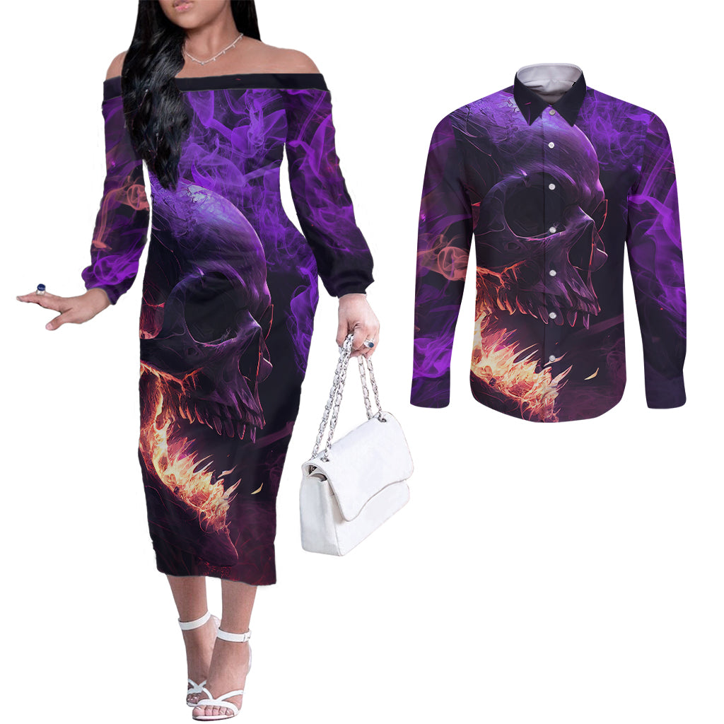 fire-skull-couples-matching-off-the-shoulder-long-sleeve-dress-and-long-sleeve-button-shirts-the-only-thing-that-can-stop-me-is-me