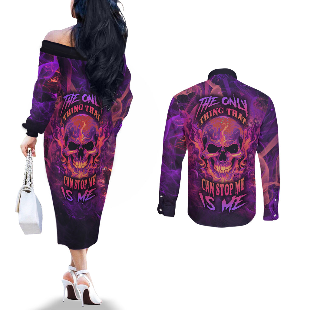 fire-skull-couples-matching-off-the-shoulder-long-sleeve-dress-and-long-sleeve-button-shirts-the-only-thing-that-can-stop-me-is-me