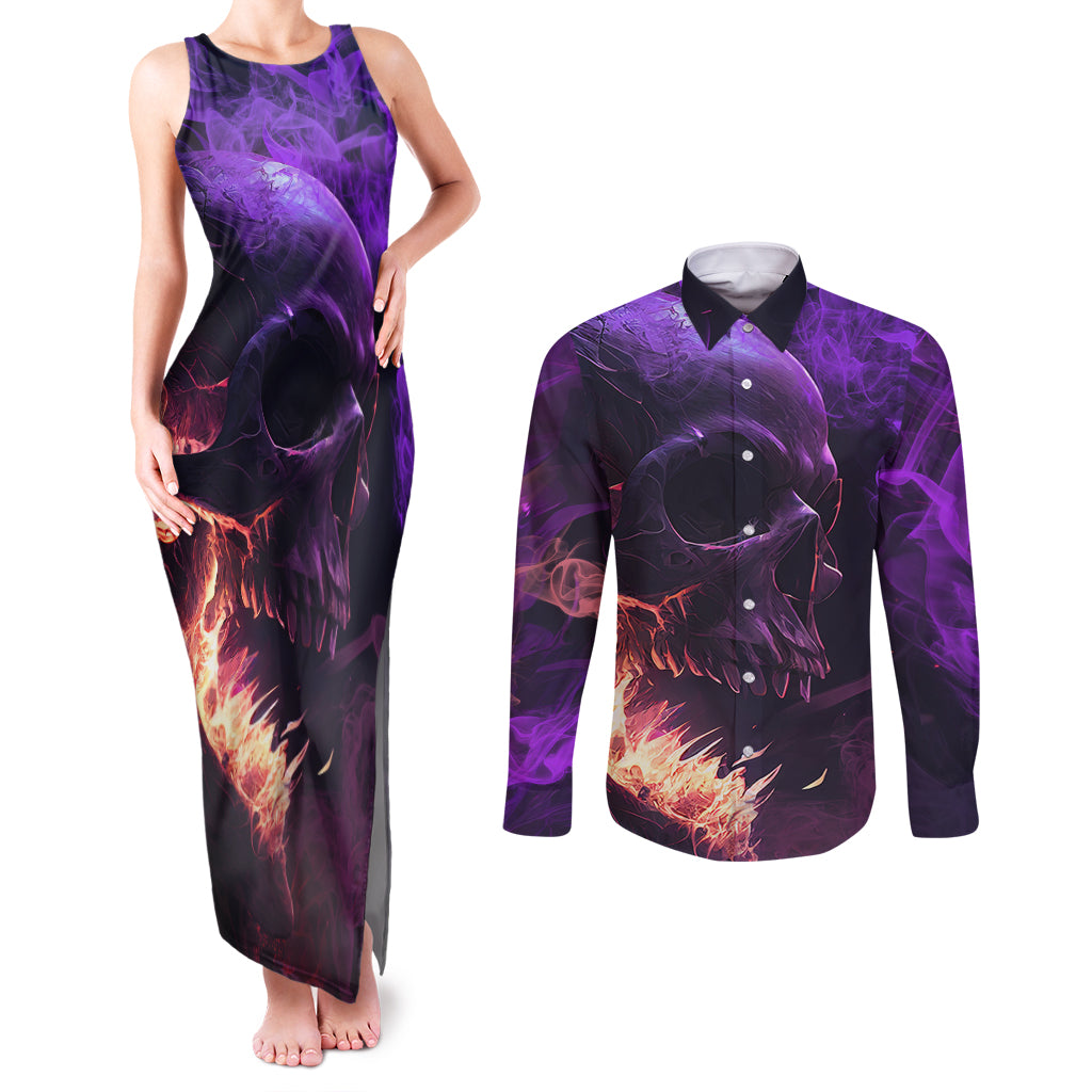 fire-skull-couples-matching-tank-maxi-dress-and-long-sleeve-button-shirts-the-only-thing-that-can-stop-me-is-me