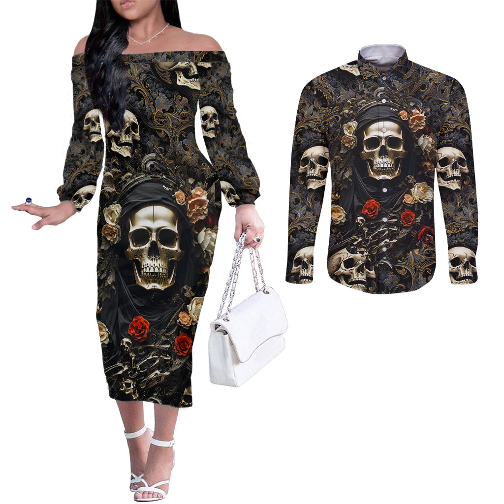 skull-roses-couples-matching-off-the-shoulder-long-sleeve-dress-and-long-sleeve-button-shirts-never-say-die