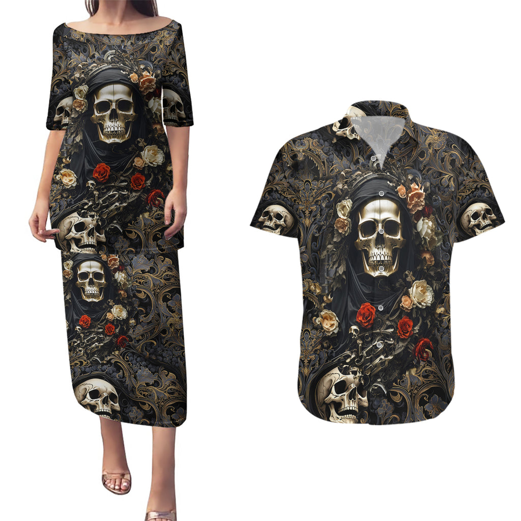 skull-roses-couples-matching-puletasi-dress-and-hawaiian-shirt-never-say-die