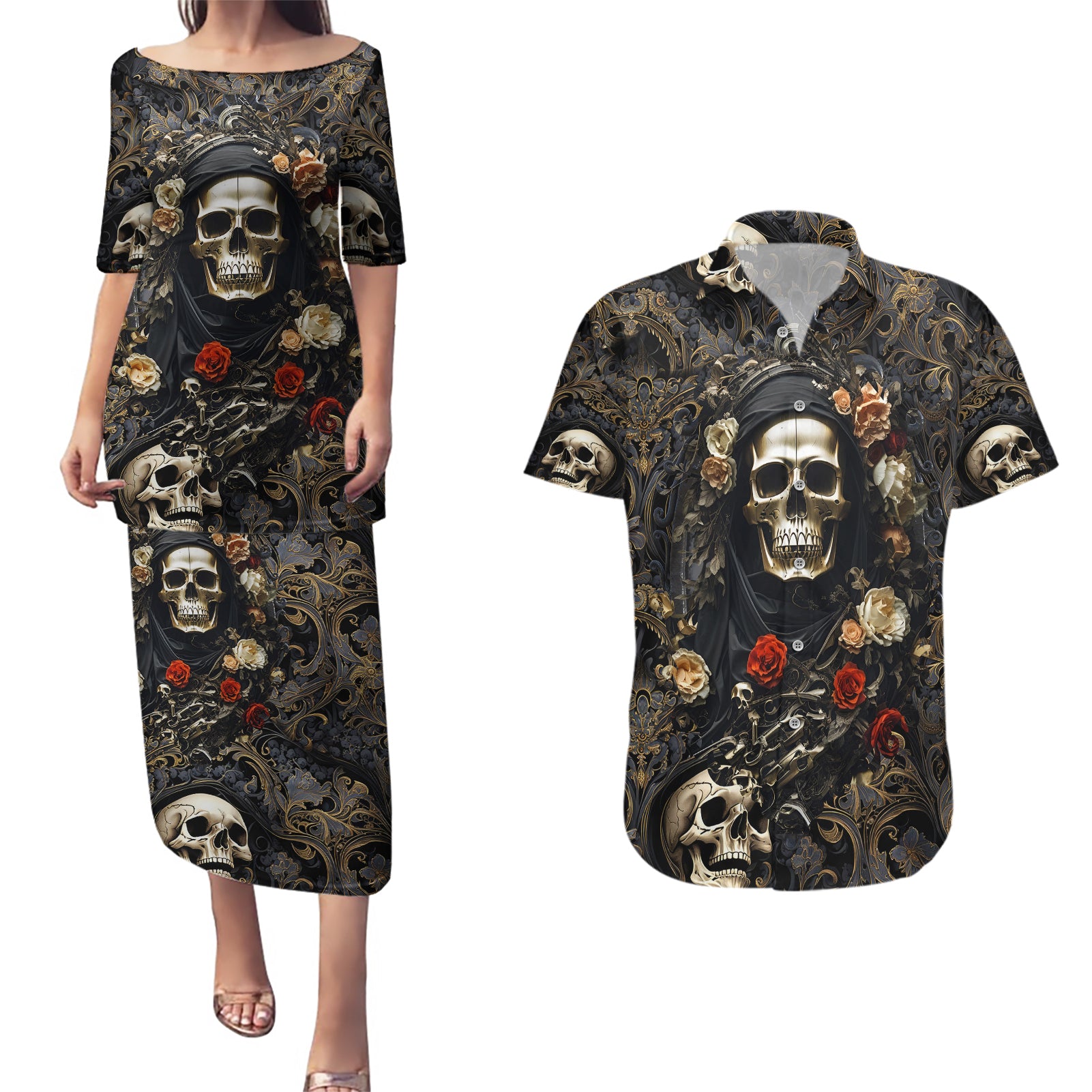 skull-roses-couples-matching-puletasi-dress-and-hawaiian-shirt-never-say-die