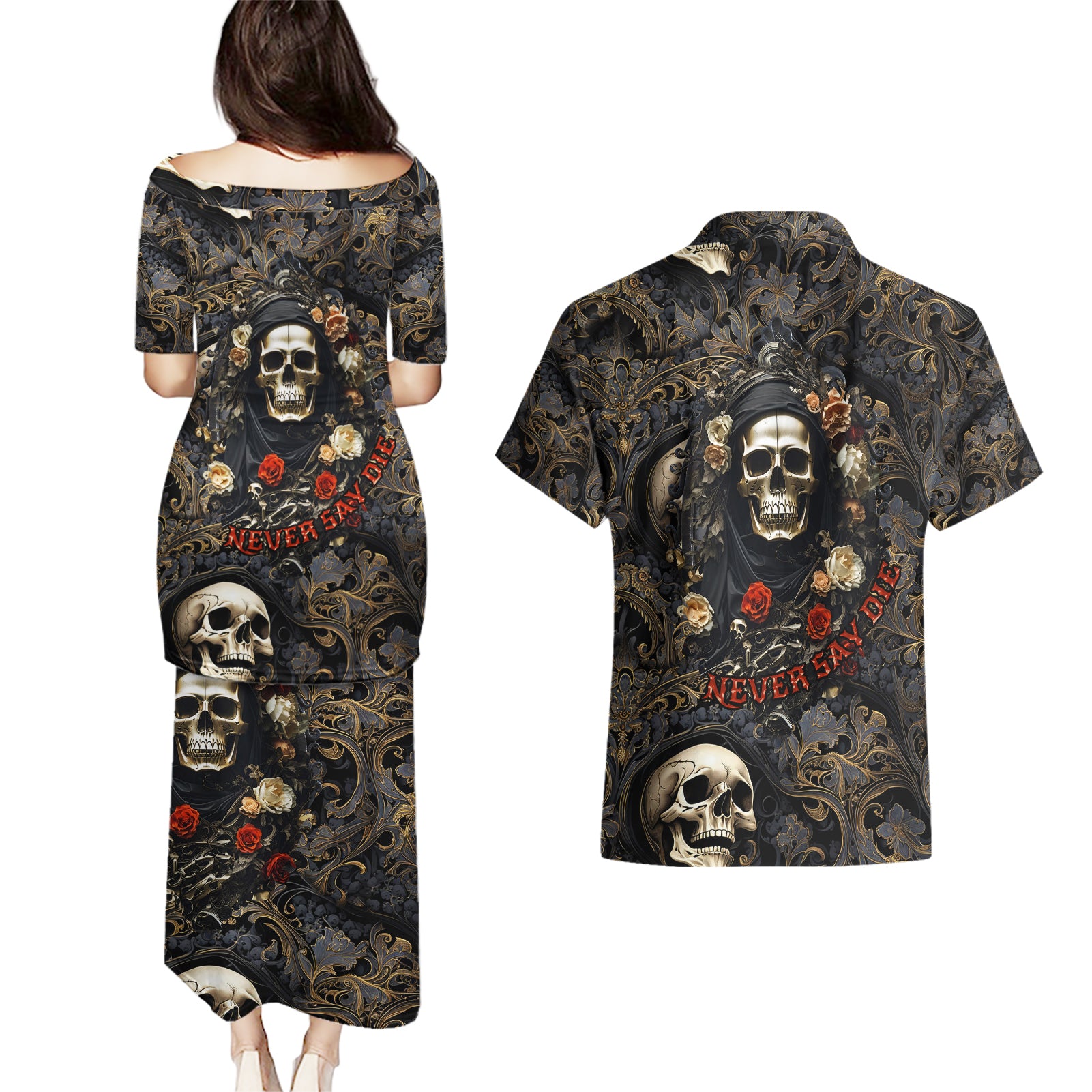 skull-roses-couples-matching-puletasi-dress-and-hawaiian-shirt-never-say-die